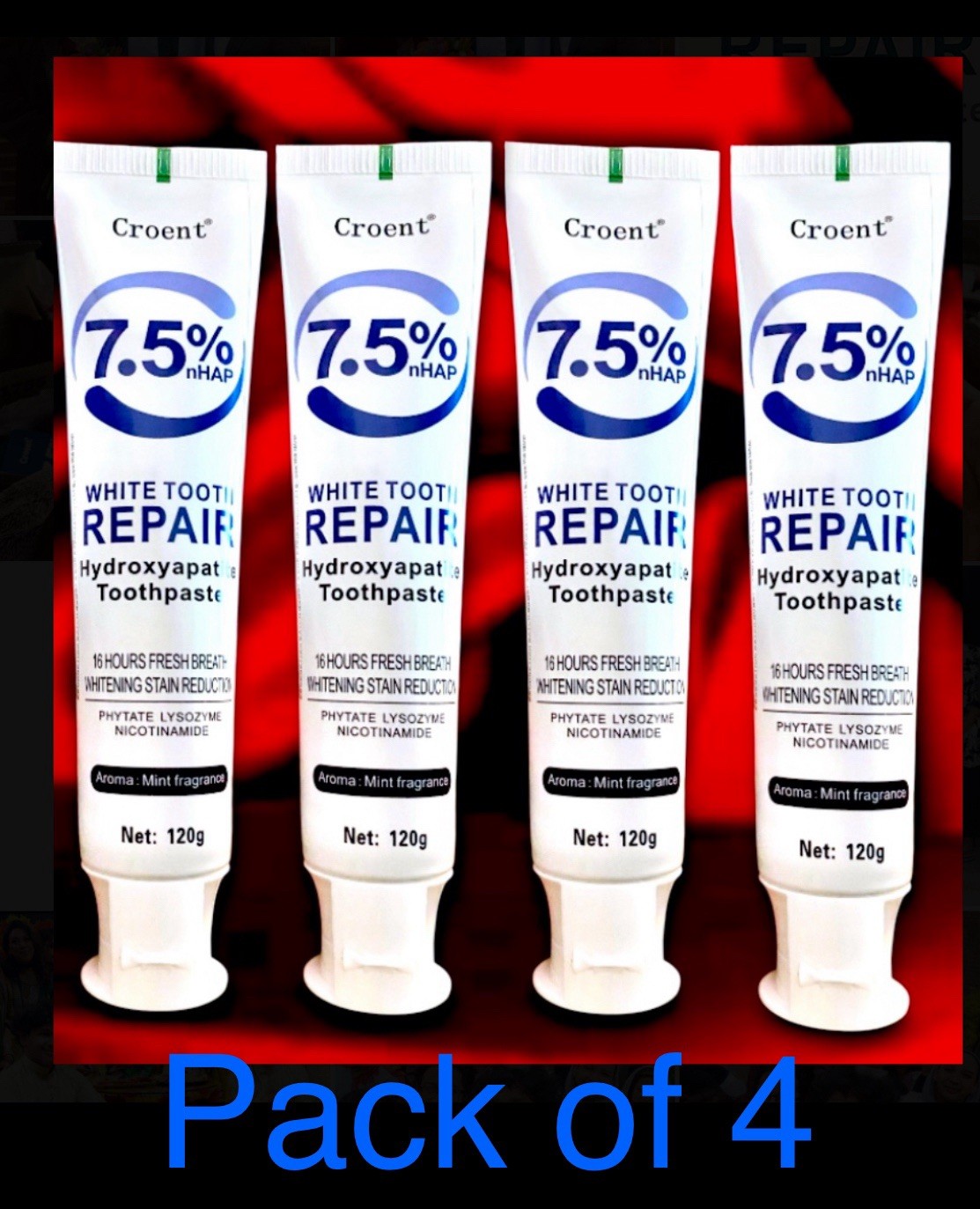 4pk Croent 7.5% nHAP White Tooth Stain Repair Hydroxyapatite Toothpaste 16hr