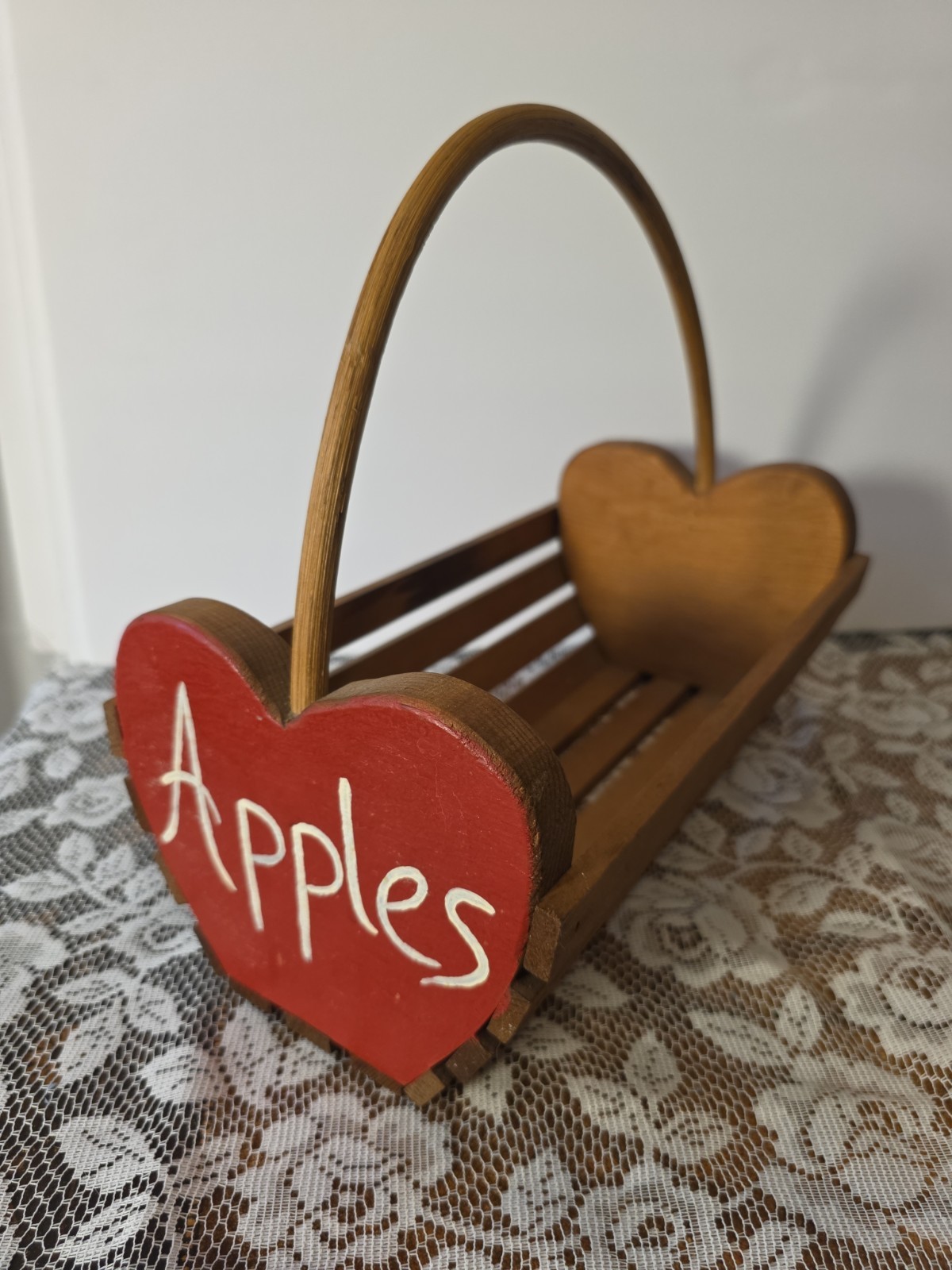 Vintage homemade heart shaped wood slat basket apple farmhouse rustic