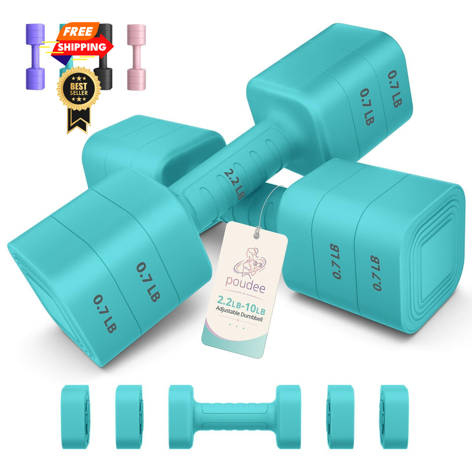 Poudee Adjustable Dumbbell Set, 3-in-1 Hand 10LB(5LB Pair), Mint Green