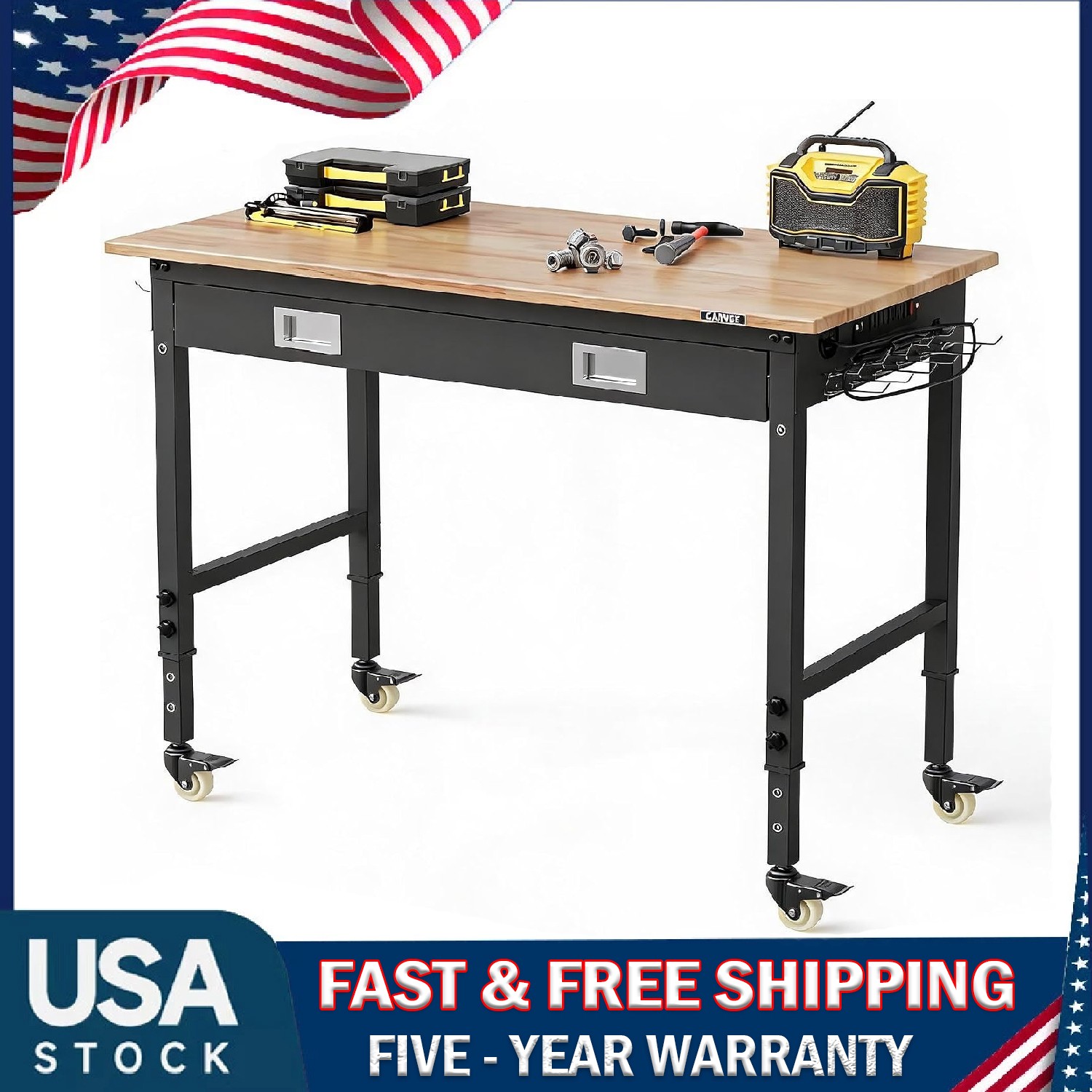 48" Workbench Adjustable Work Table Garage 2000LBS with Power Outlets & Drawers