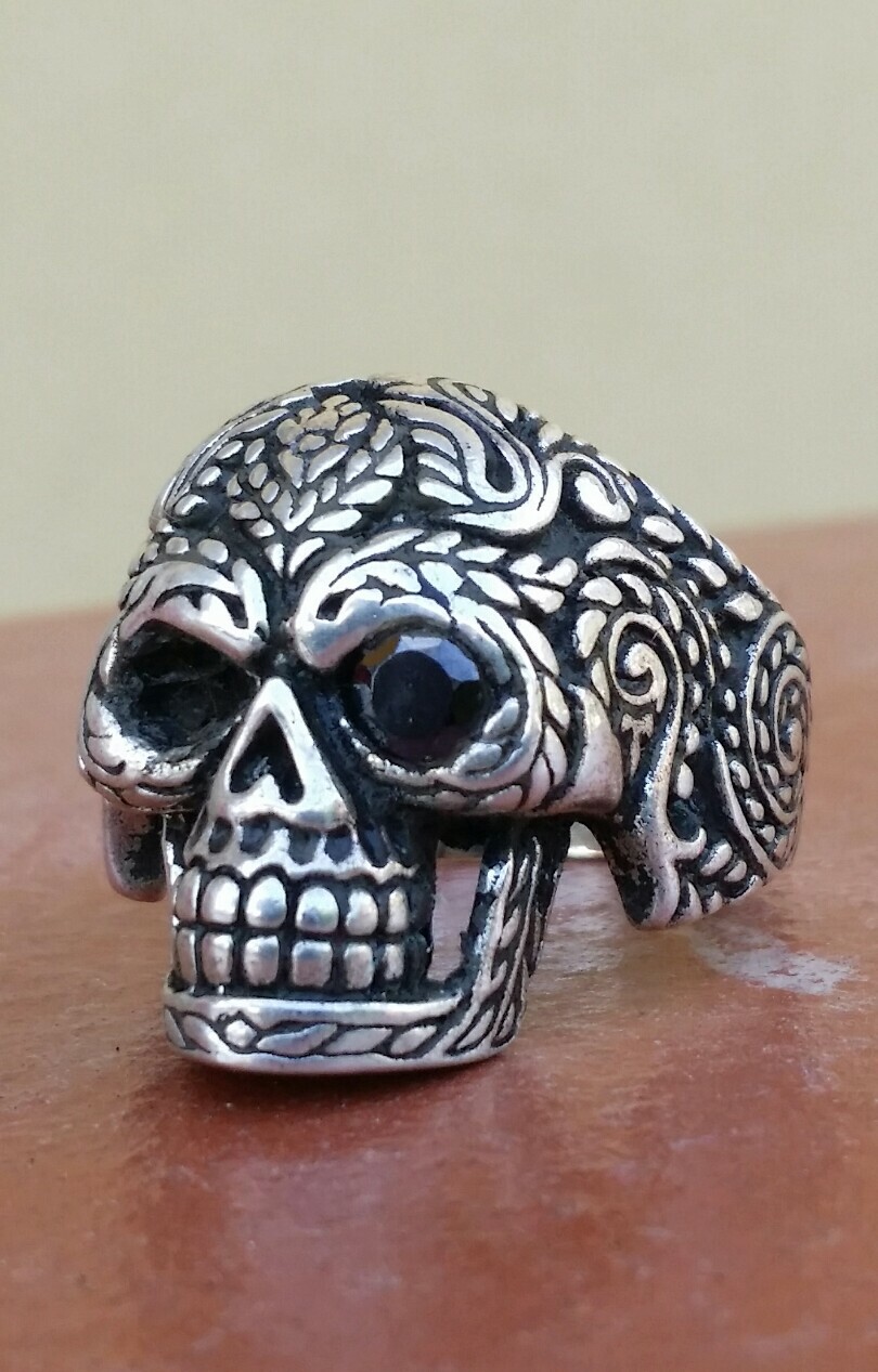925 MENS SILVER RING SEAL HARLEY MOTORCYCLE SKULL ONYX