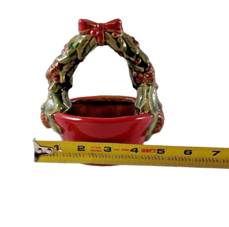 VTG Glazed Christmas Basket Pottery Trinket Candy Dish Stoneware Holiday Signed