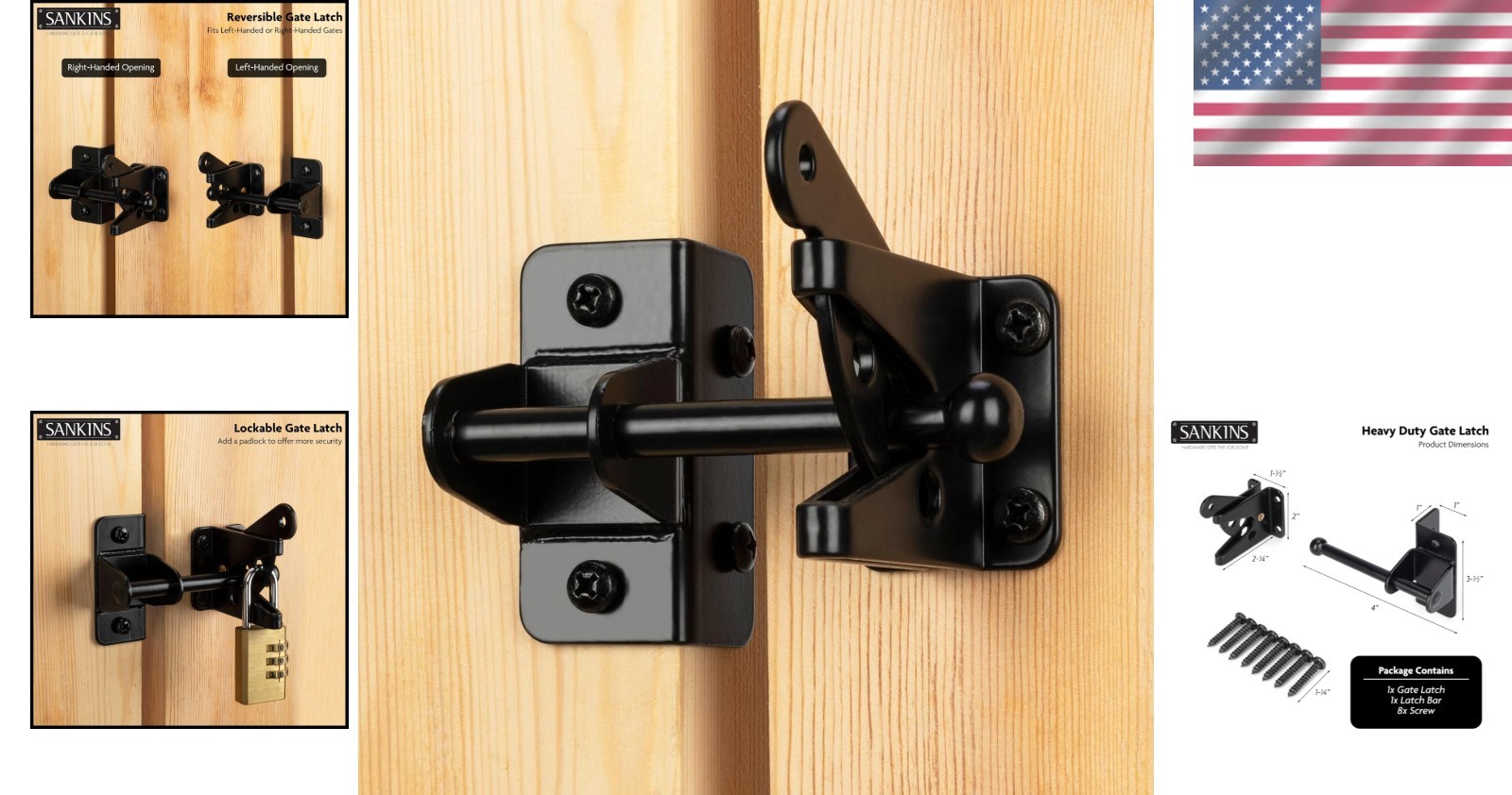 Robust Self-Locking Gate Latch for Wooden Gates - Versatile Installation, Black