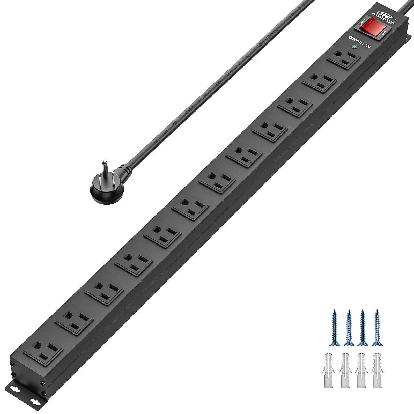 12 Outlet Metal Power Strip Surge Protector 2100J Wide Spaced 6Ft Cord 15A/1875W