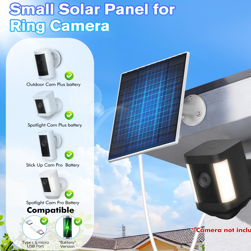 Solar Panel for Security Camera, 10W Solar Charger with Micro USB & Type-C Port