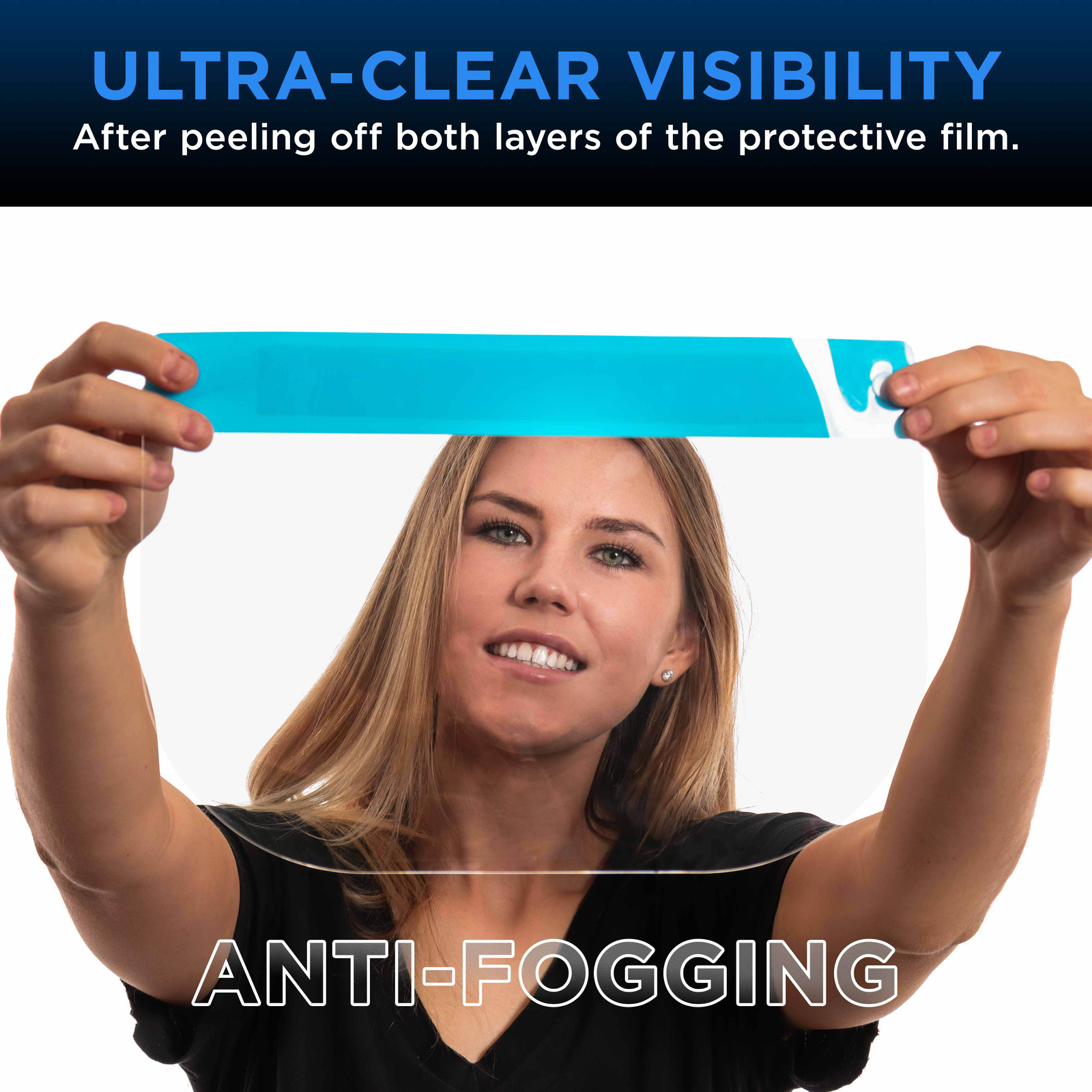 100 Black & 100 Blue Face Shields Clear Protective Full Face Shields, Anti-Fog