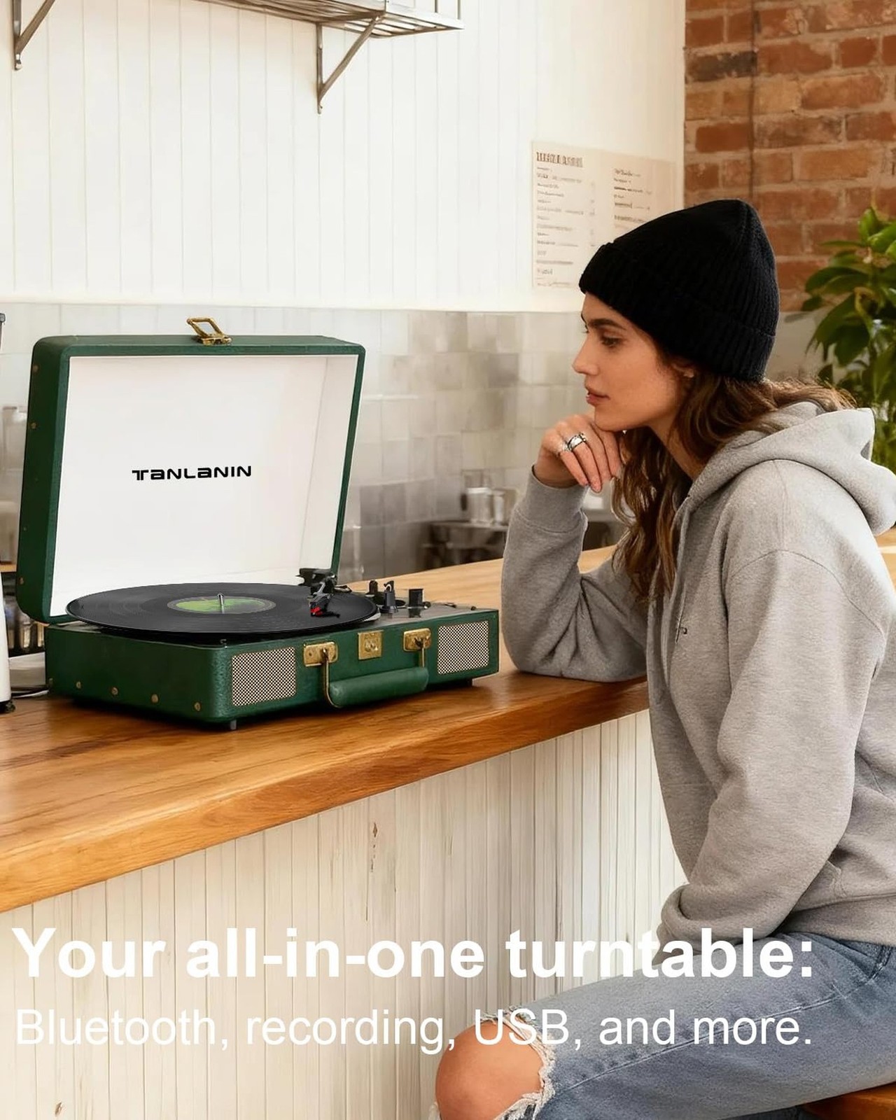 Vintage 3-Speed Bluetooth Record Player, Portable Suitcase Turntable with Bui...