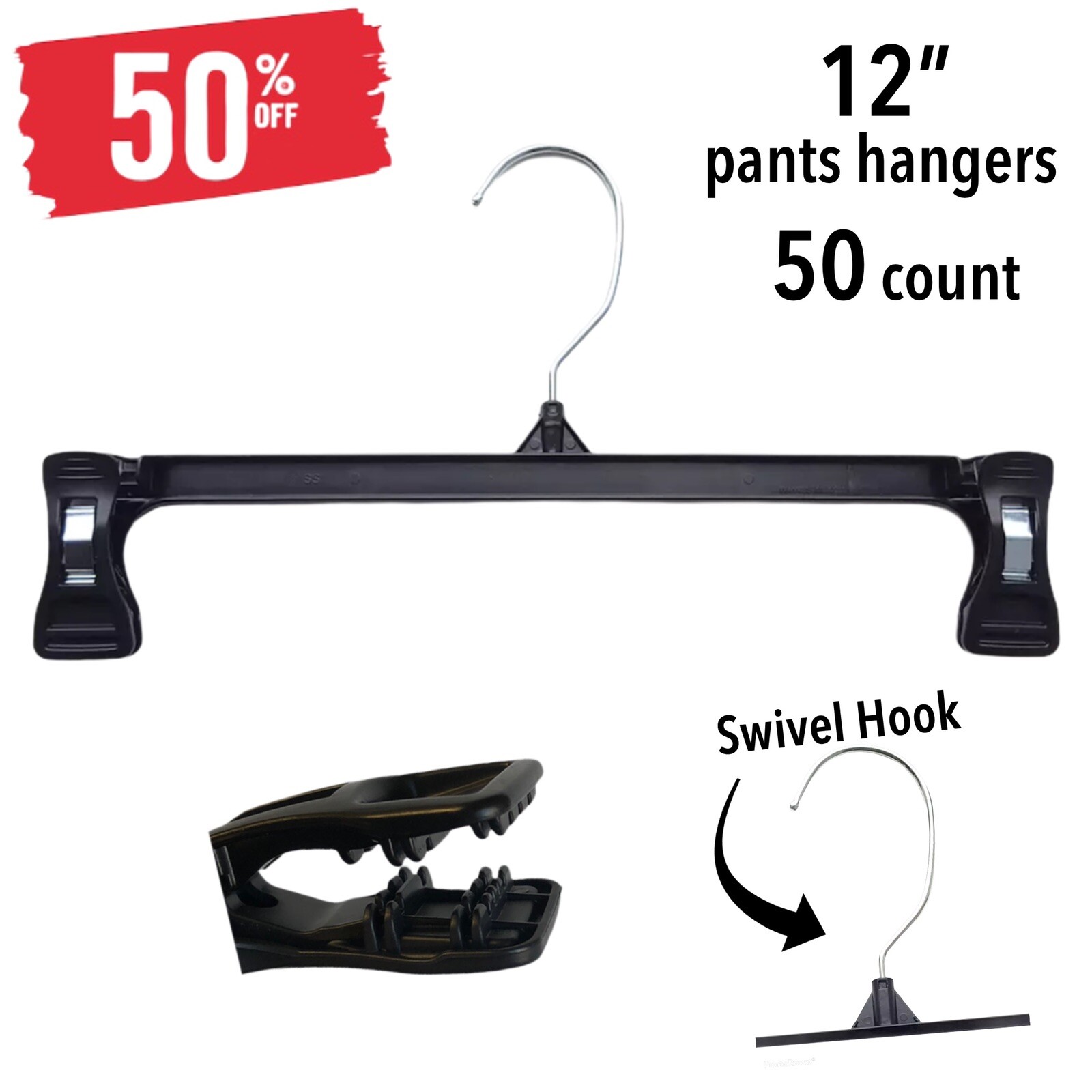 Black Clothes Hangers with GRIP CLIPS-12" pants-Lot of 50*SALE*50% off(IT#39)