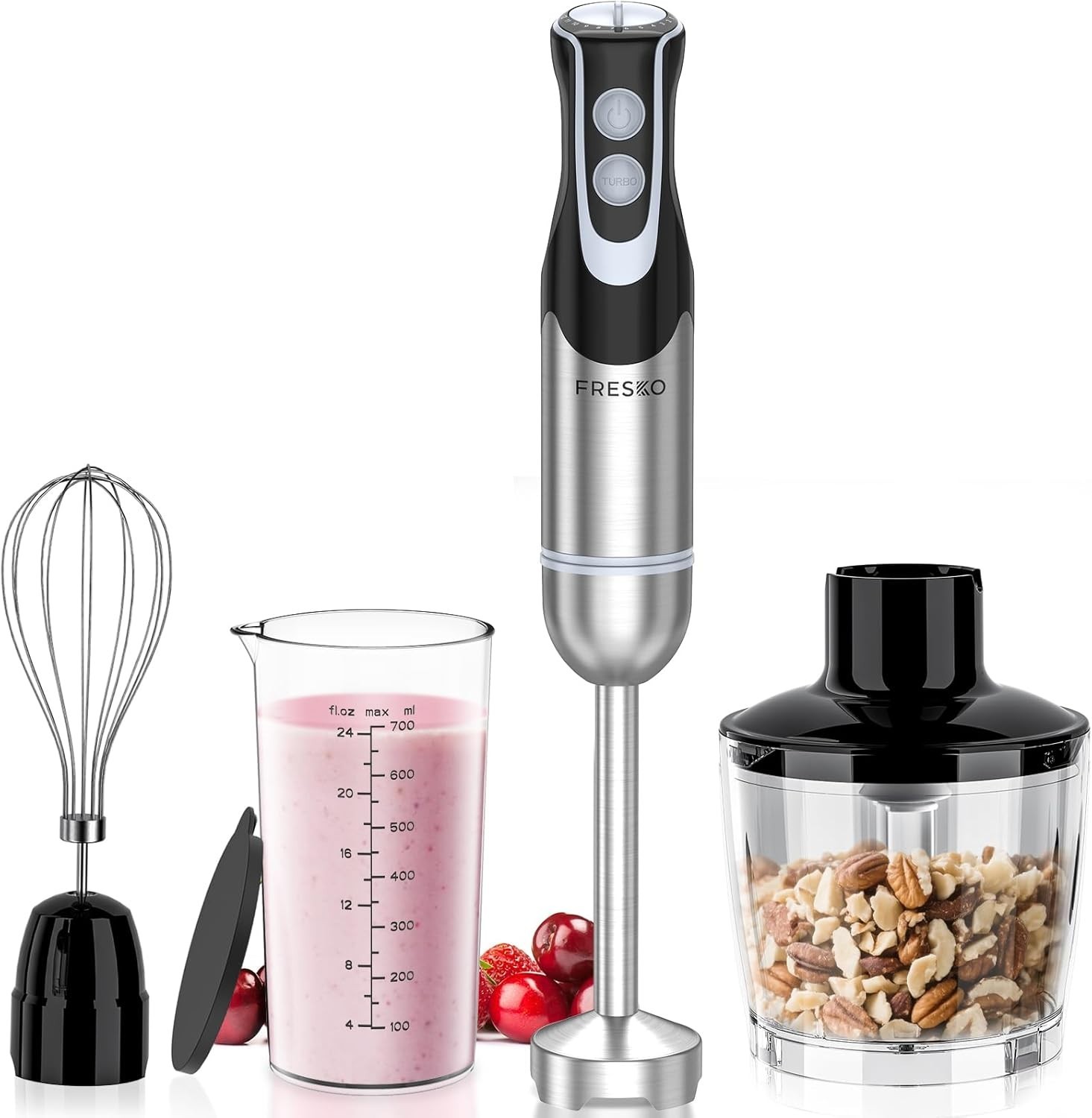 FRESKO Immersion Blender Handheld, Stainless Steel With 3 attachment, Silver