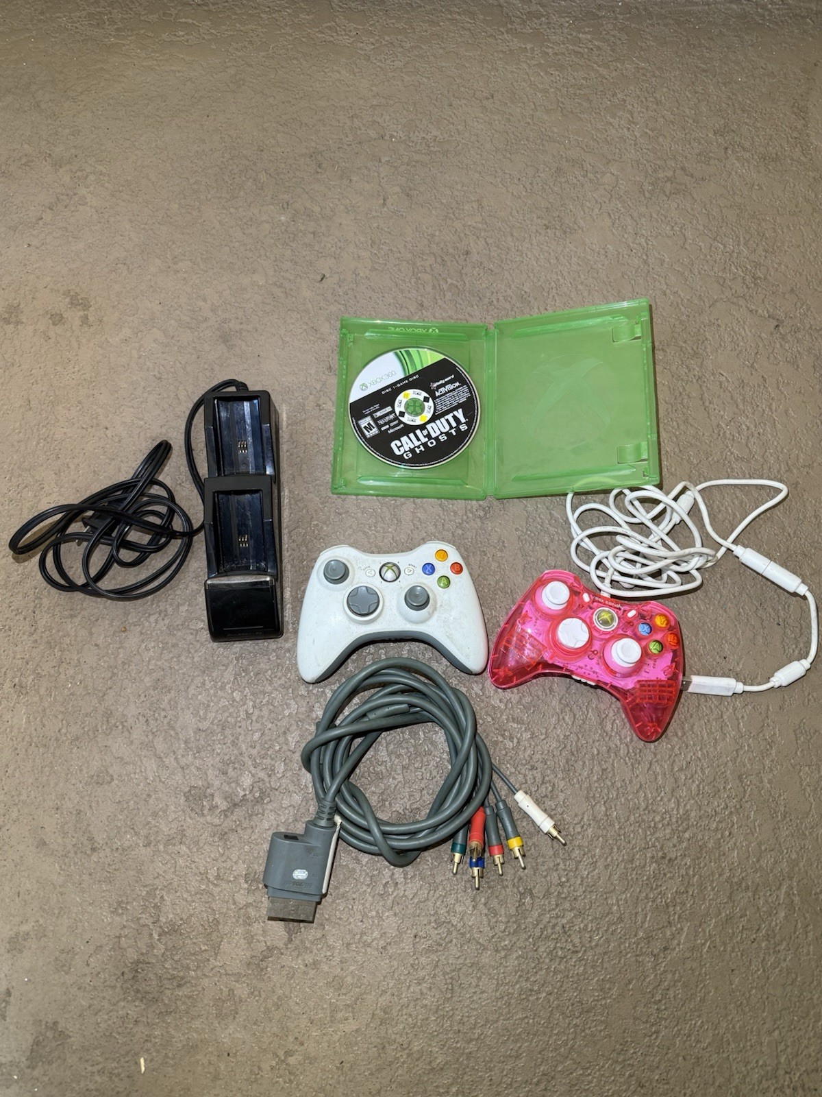 Xbox 360 Lot – 2 Controllers, Power Supply AV Cable, Charging Dock, Kinect power