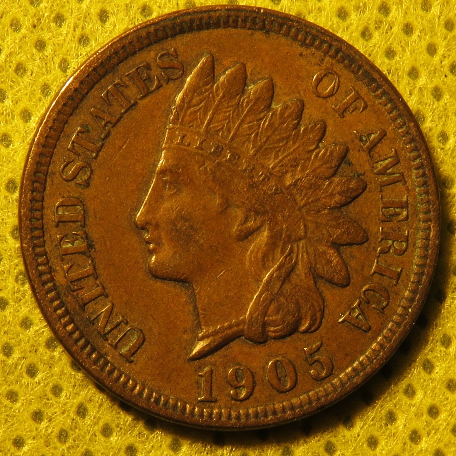 Almost Uncirculated 1905 Indian Head Cent showing full diamonds!