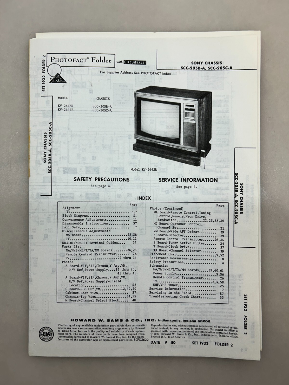 Sony SCC-205 Service Manual Sams Photofact Free Shipping