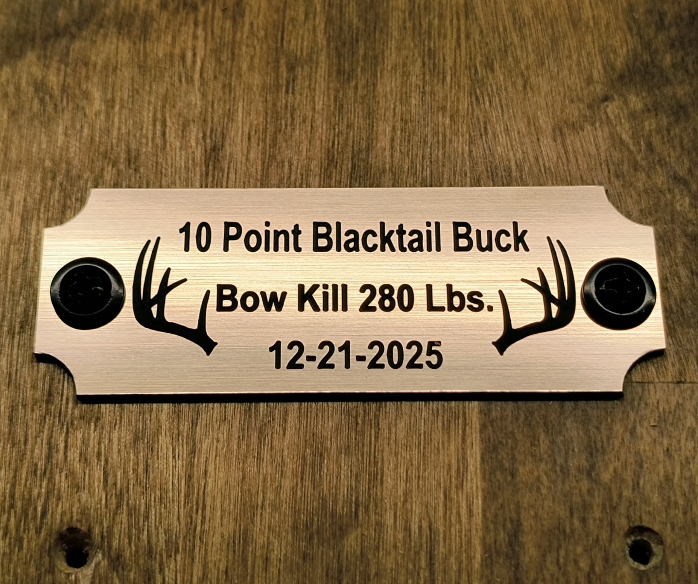 Custom Engraved Brushed Copper Finish Buck Plaque Plate Deer Doe Bull w 2 Screws