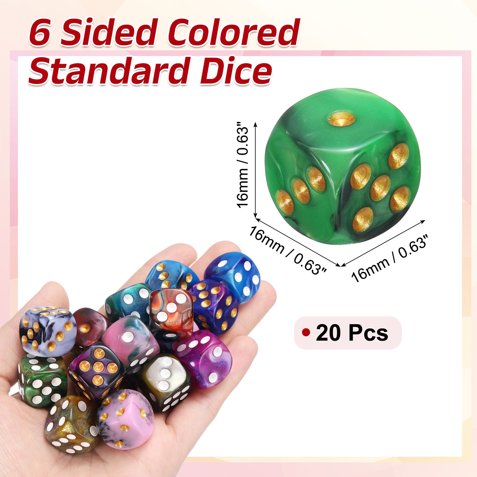 20Pcs 6 Sided Standard Dice, Acrylic D6 Pearl Pattern Dice (Green and Black)