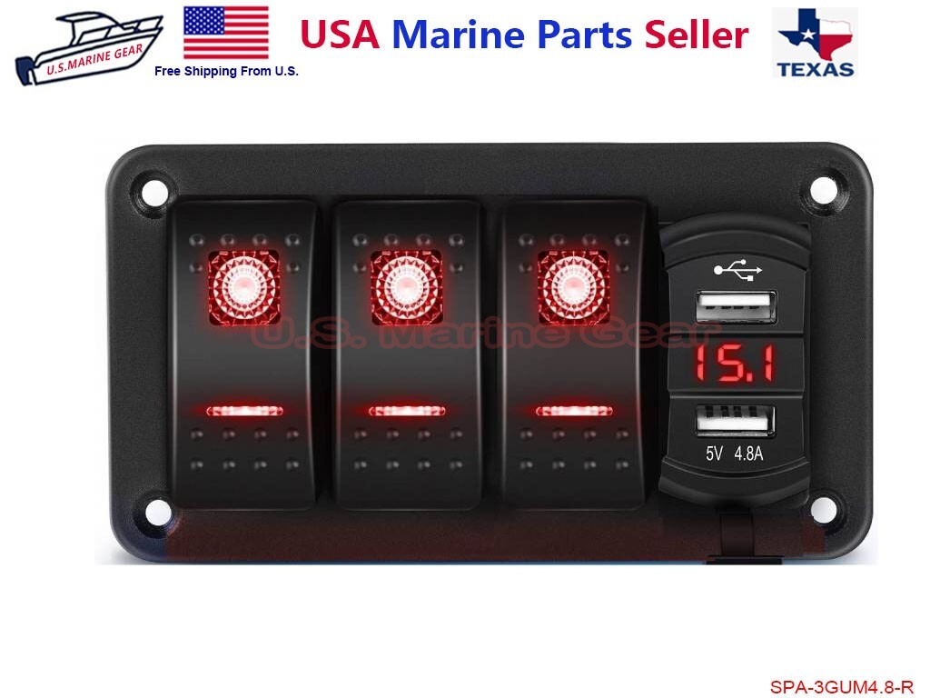 3 Gang Rocker Toggle Switch Panel Waterproof USB Marine Boat RV Camper Truck ATV