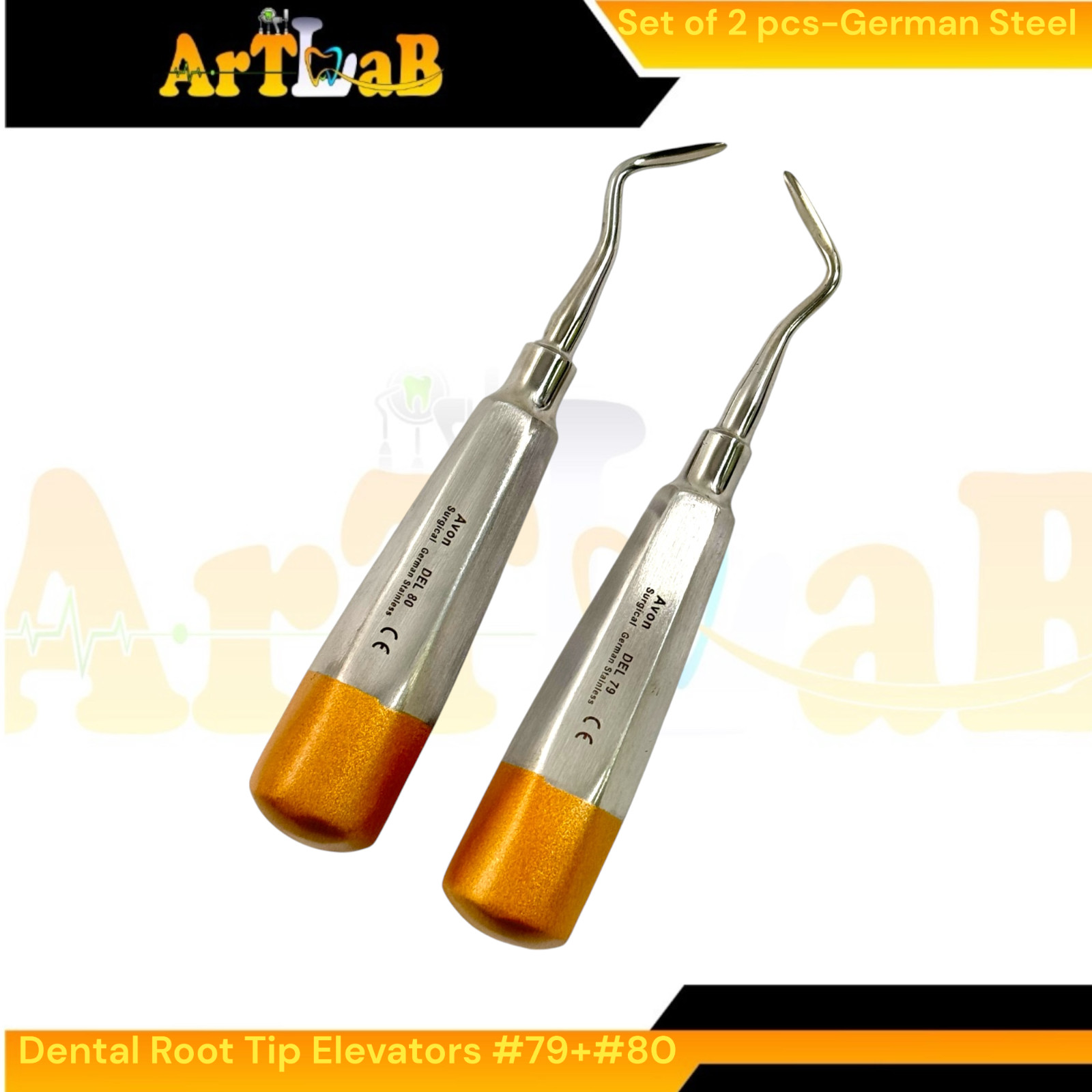 Luxating Root Elevator Set with Angled Sharp Tips, #79 & #80, Hollow, Gold (2pk)
