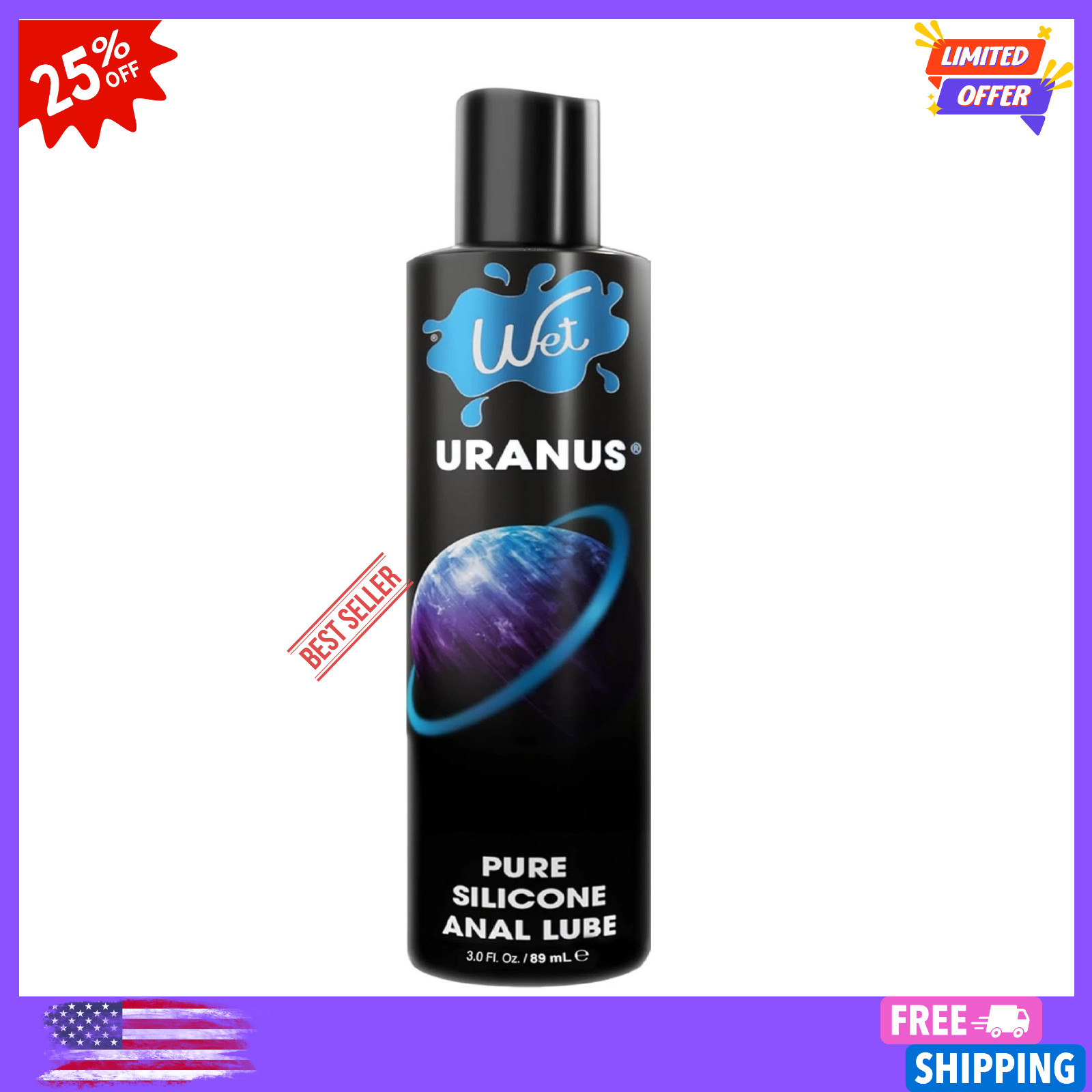 Wet Uranus Silicone-Based Anal Lube for Men, Women & Couples, 3 Fl Oz