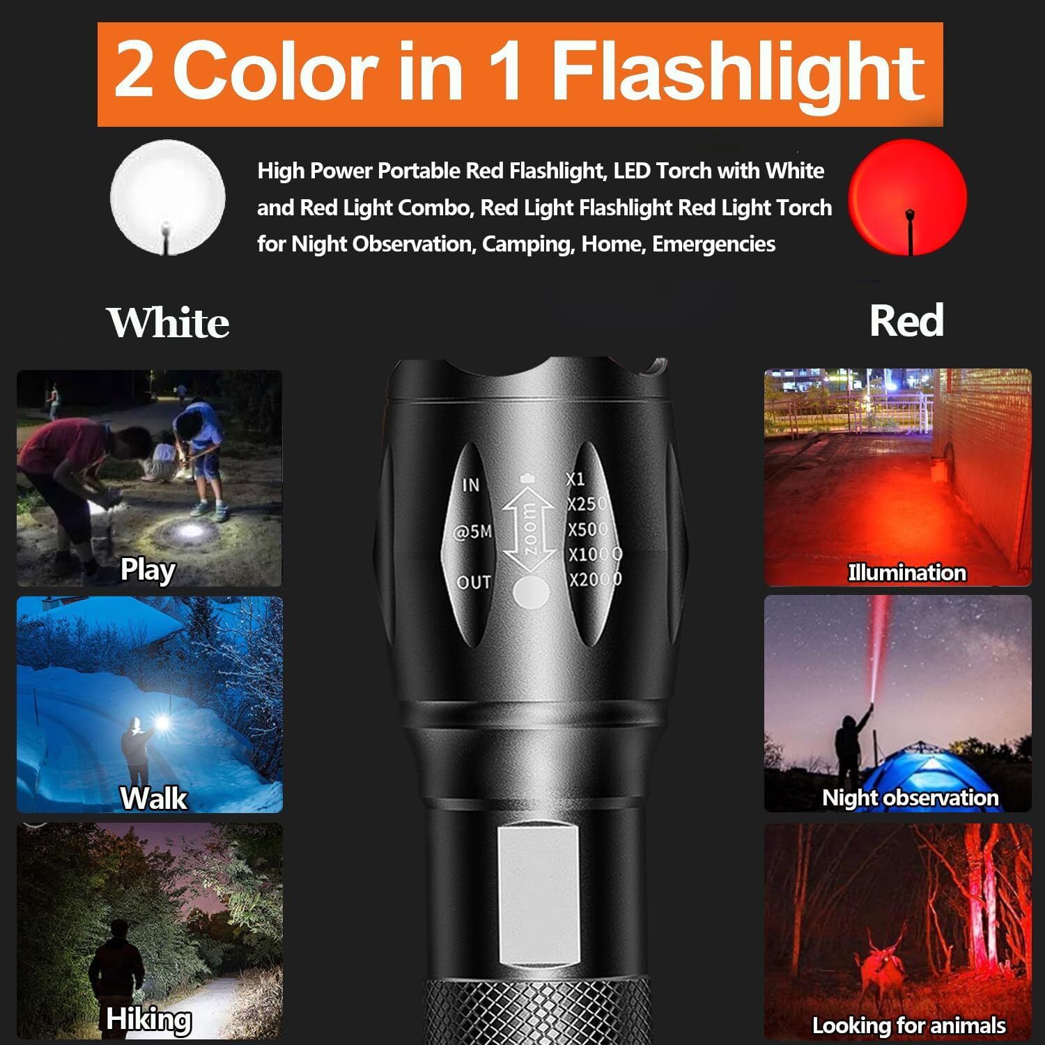 1PC 2 IN 1 White Light&Red Light LED Flashlight Pocket Light Zoomable Torch