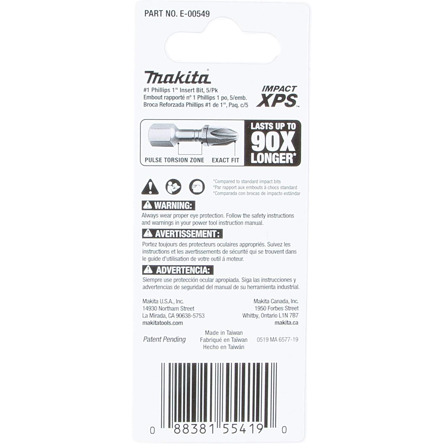 Makita E-00549 Impact XPS™ #1 Phillips 1" Insert Bit, 5/pk