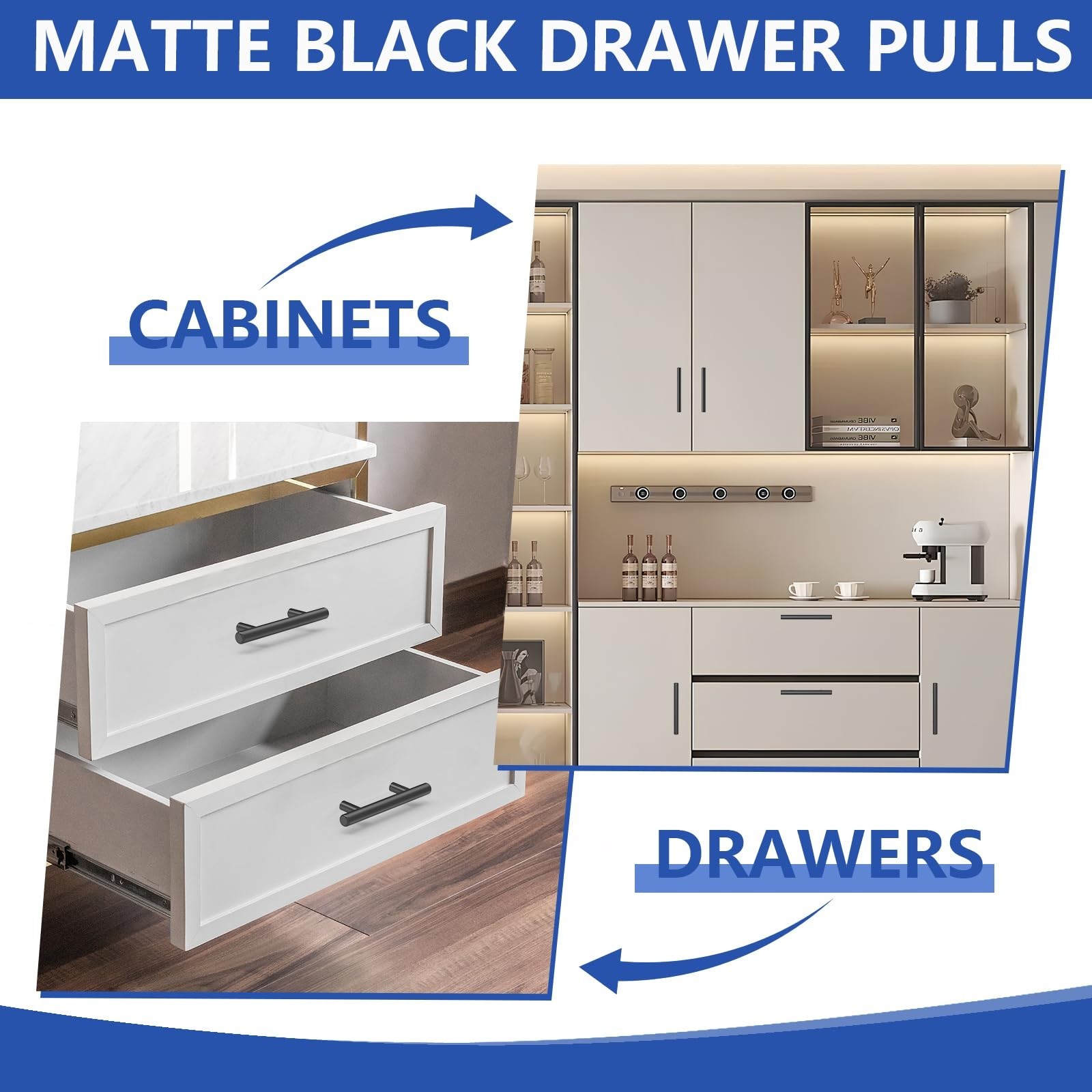 60Pack Matte Black Cabinet Handles, 3''Hole Centers Kitchen Drawer Pulls, Sta...