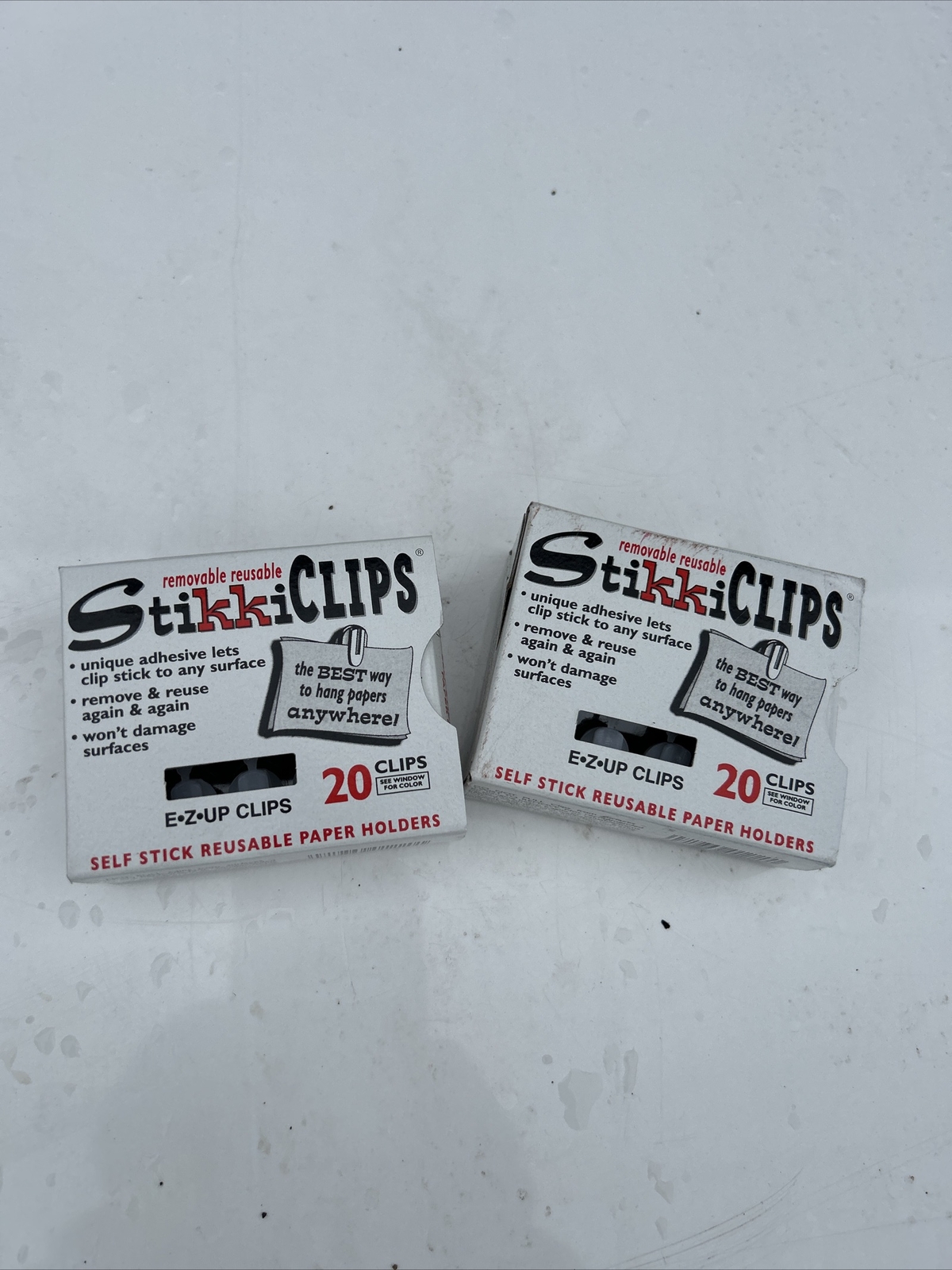 Lot of 2 Boxes StikkiClips 01220 White Sticky Plastic Adhesive Back Clip 20/Box