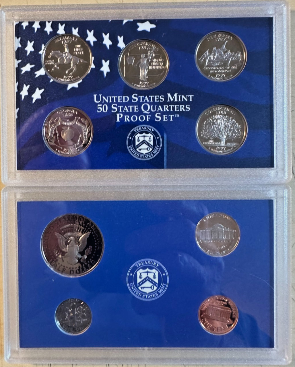 1999 US Mint Proof Set - 9 Coins First Year State Quarters - Original Box & COA