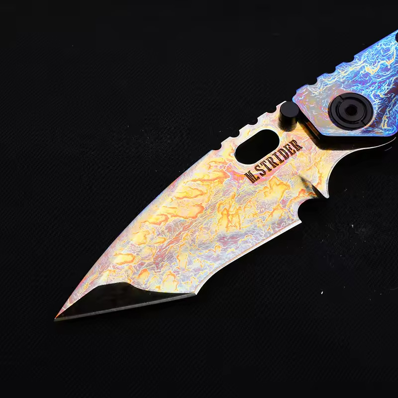 New Flame Pattern Blade TC4 Titanium Blue Anodized Custom Handle EDC Pocketknife
