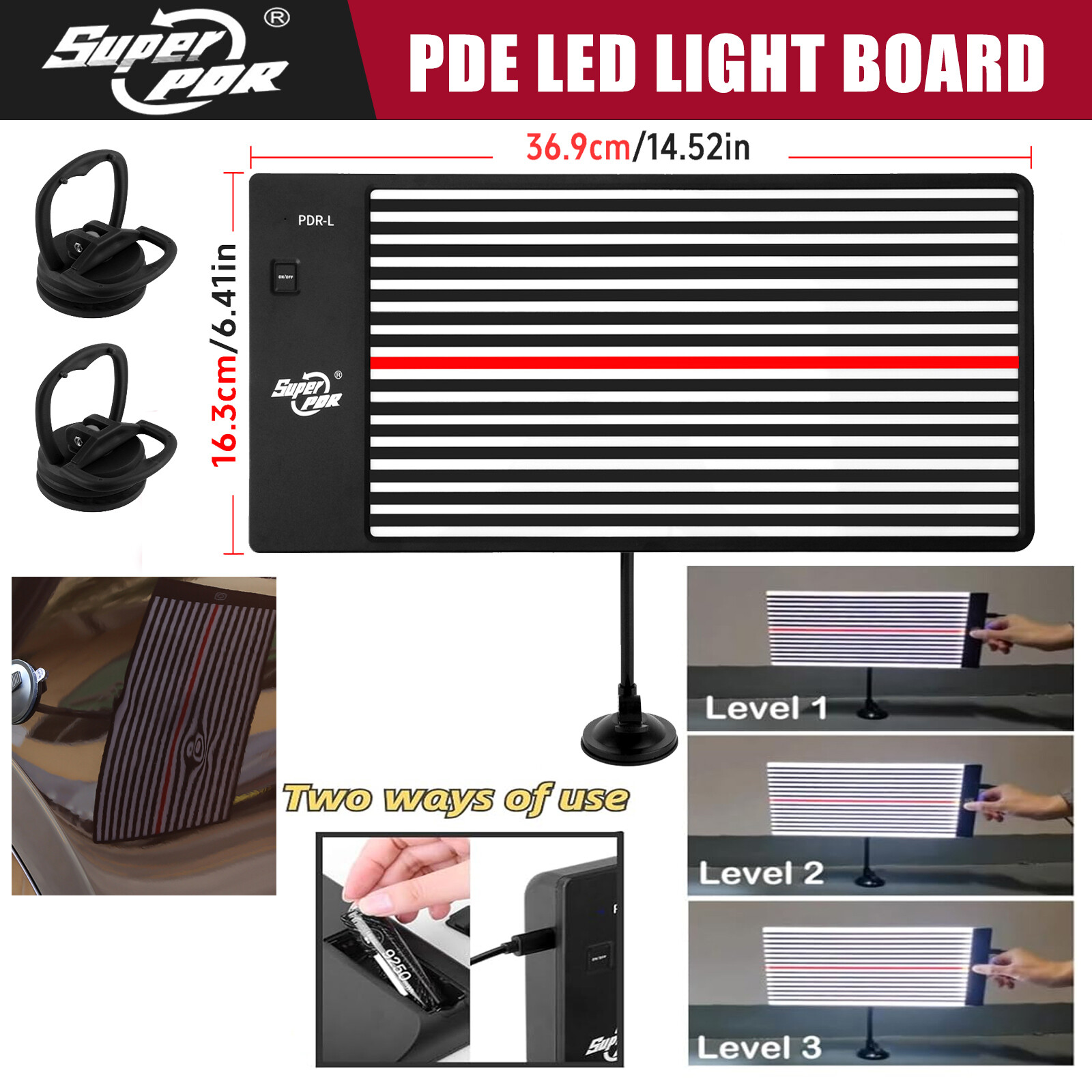 PDR Line Board Dent Paintless Repair LED Light Reflector 2X Sucker Removal Tools