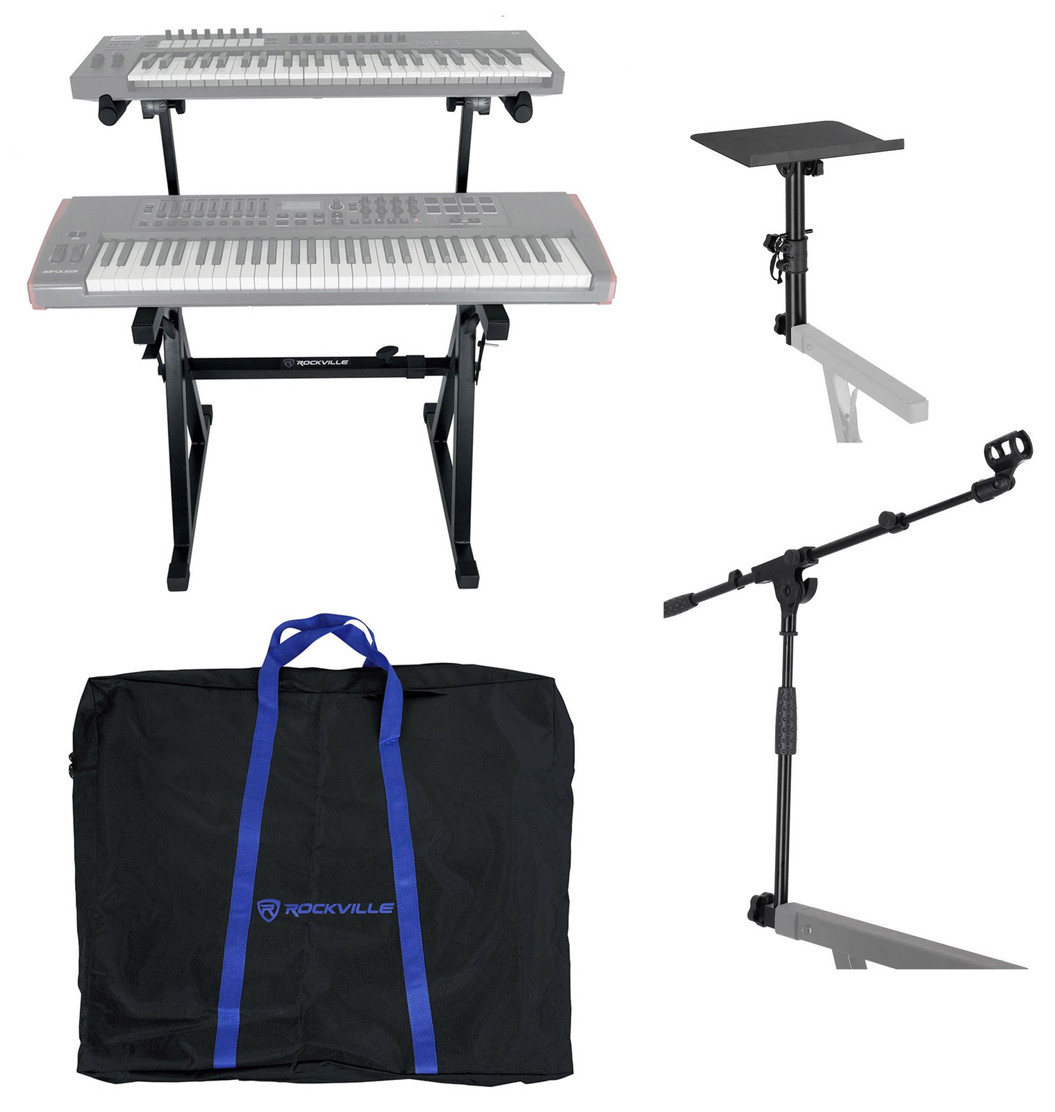 Rockville Z55 Z-Style 2-Tier Keyboard Stand+Bag+Mic+Laptop Stand Attachments
