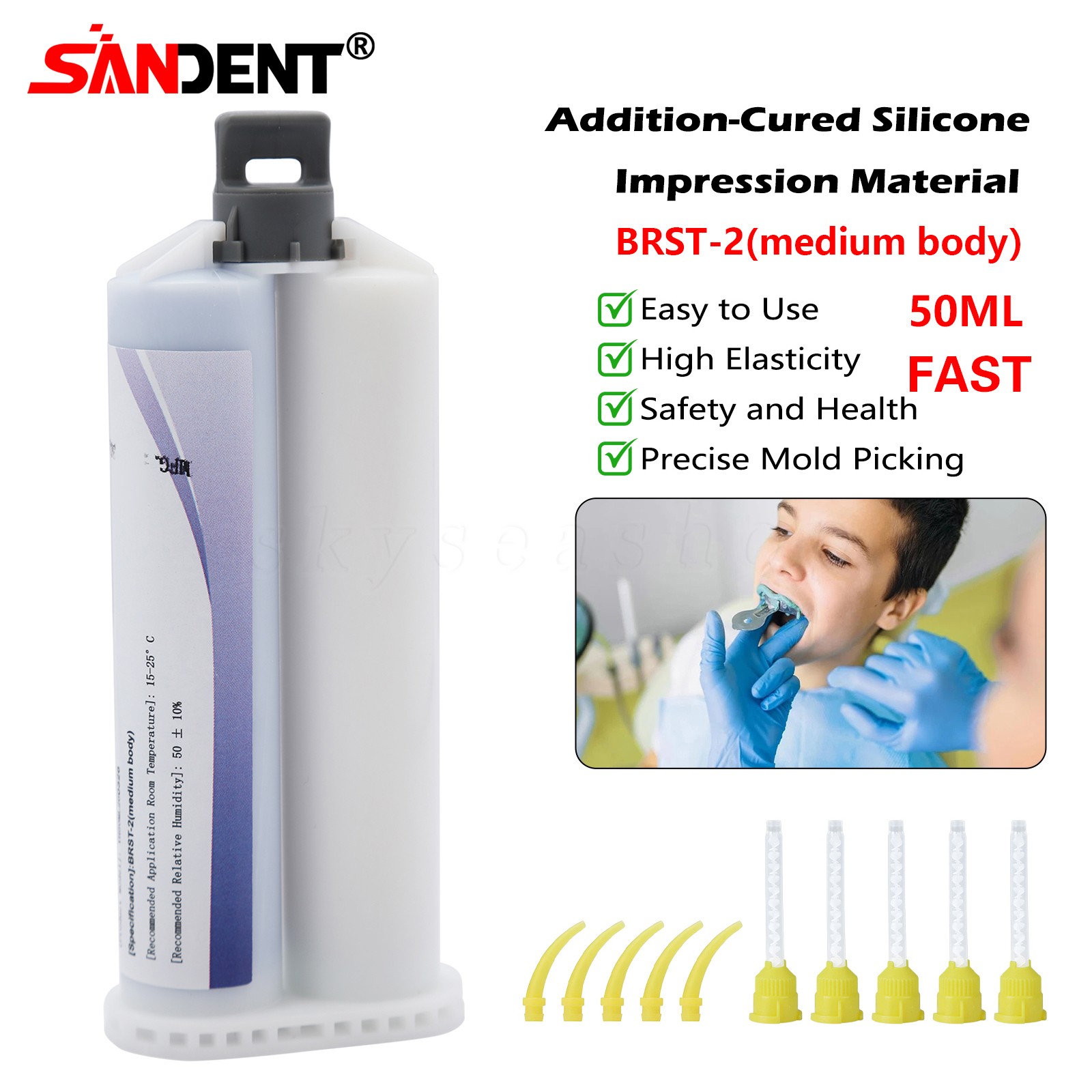 2 MEDIUM BODY Impression Material FAST SET 50ml Cartridges VPS+Mix Tips