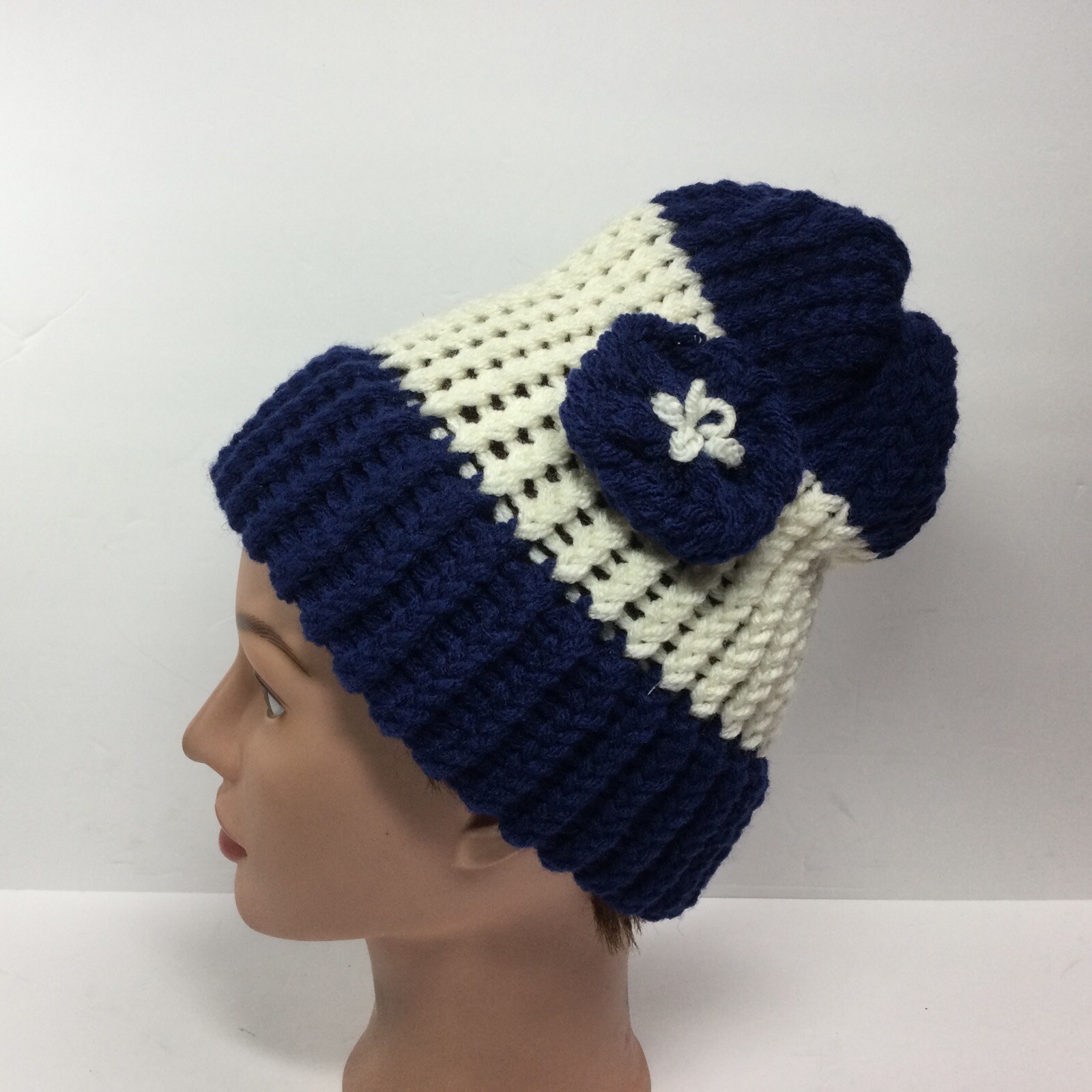 Handmade Crochet Toboggan Knit Beanie Winter cap hat Blue / White