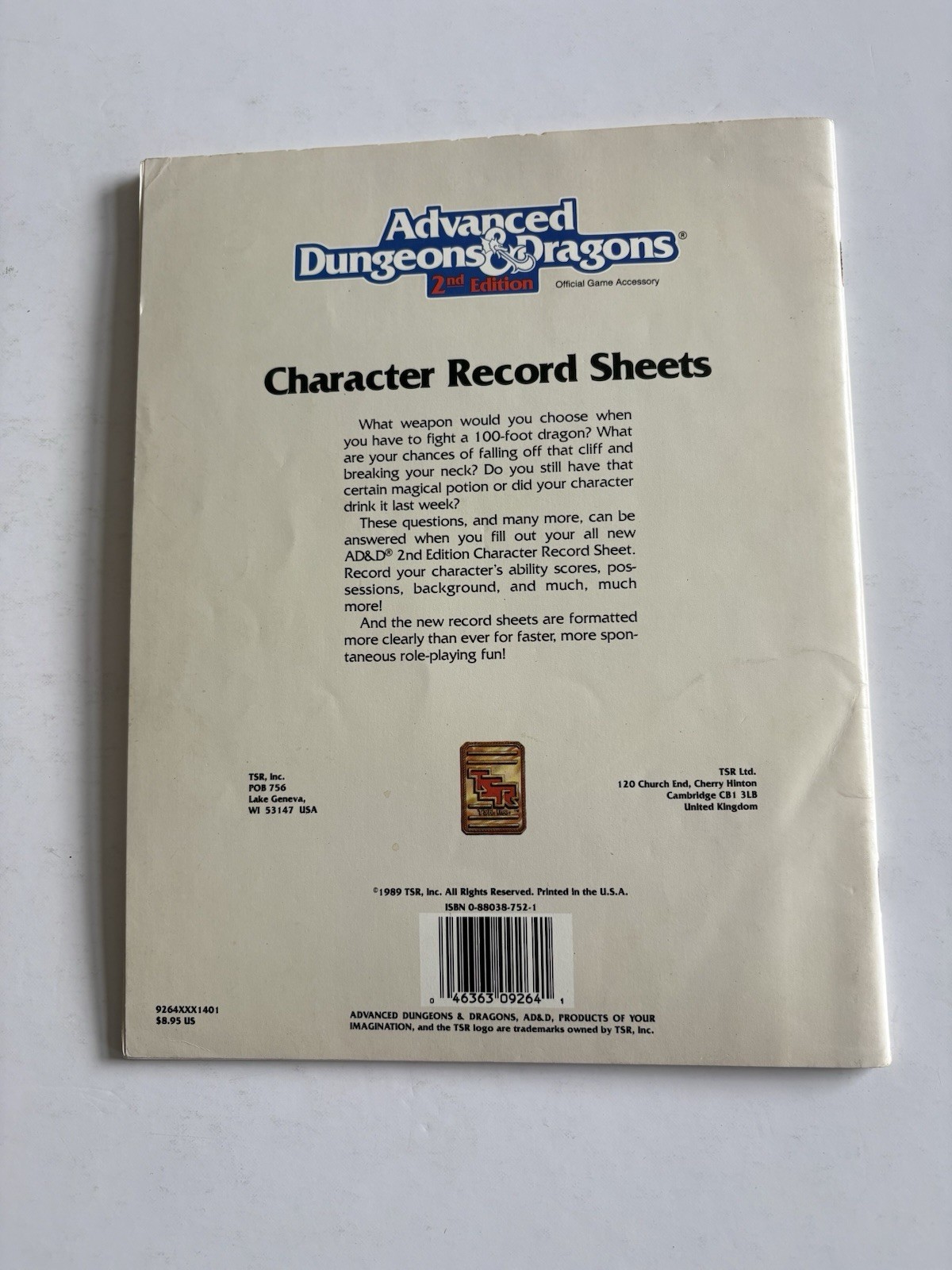 Advanced Dungeons and Dragons Character Record Sheets TSR 1989