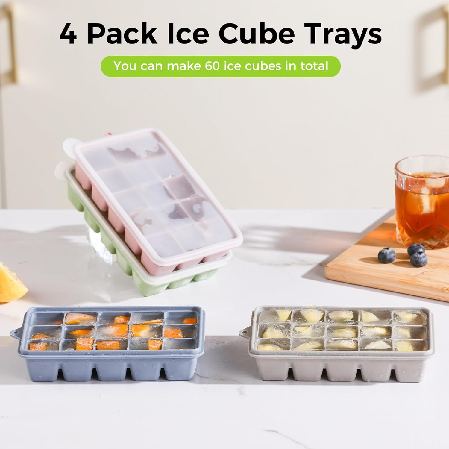 4-Pack Silicone Ice Cube Trays with Lid, Easy Release Ice Cube Molds, Reusable
