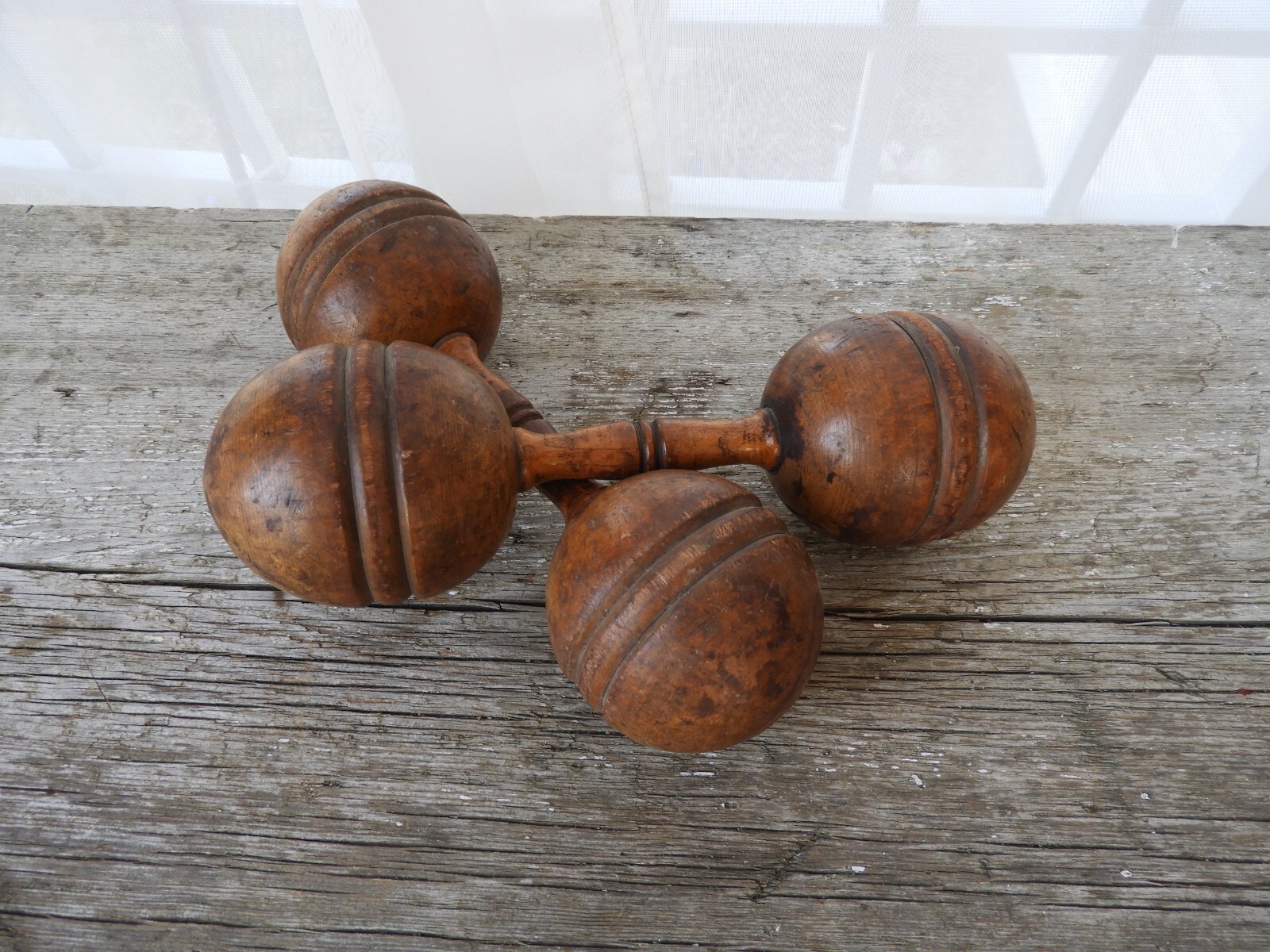 Vtg Primitive Wooden Dumbbell Set