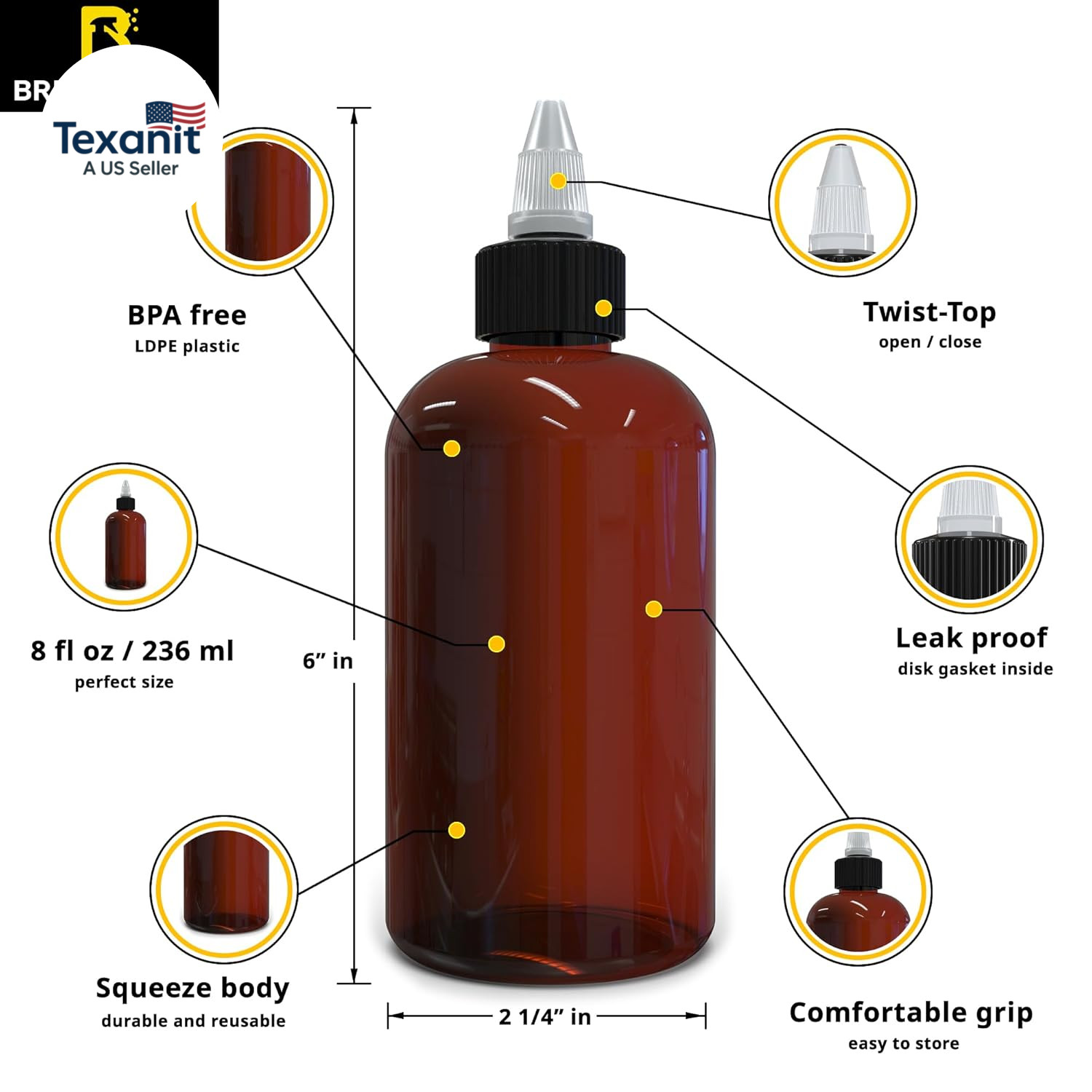 Twist Top Applicator Bottles, 8 OZ Amber, Squeeze Empty round Plastic Bottles, B