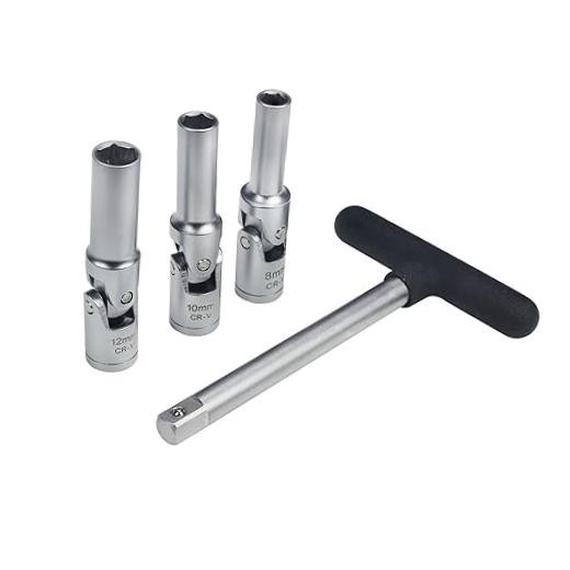 4 Piece Glow Plug Socket Set with 3/8" Dr T-Bar, Glow Plug Sizes (8mm, 10mm,