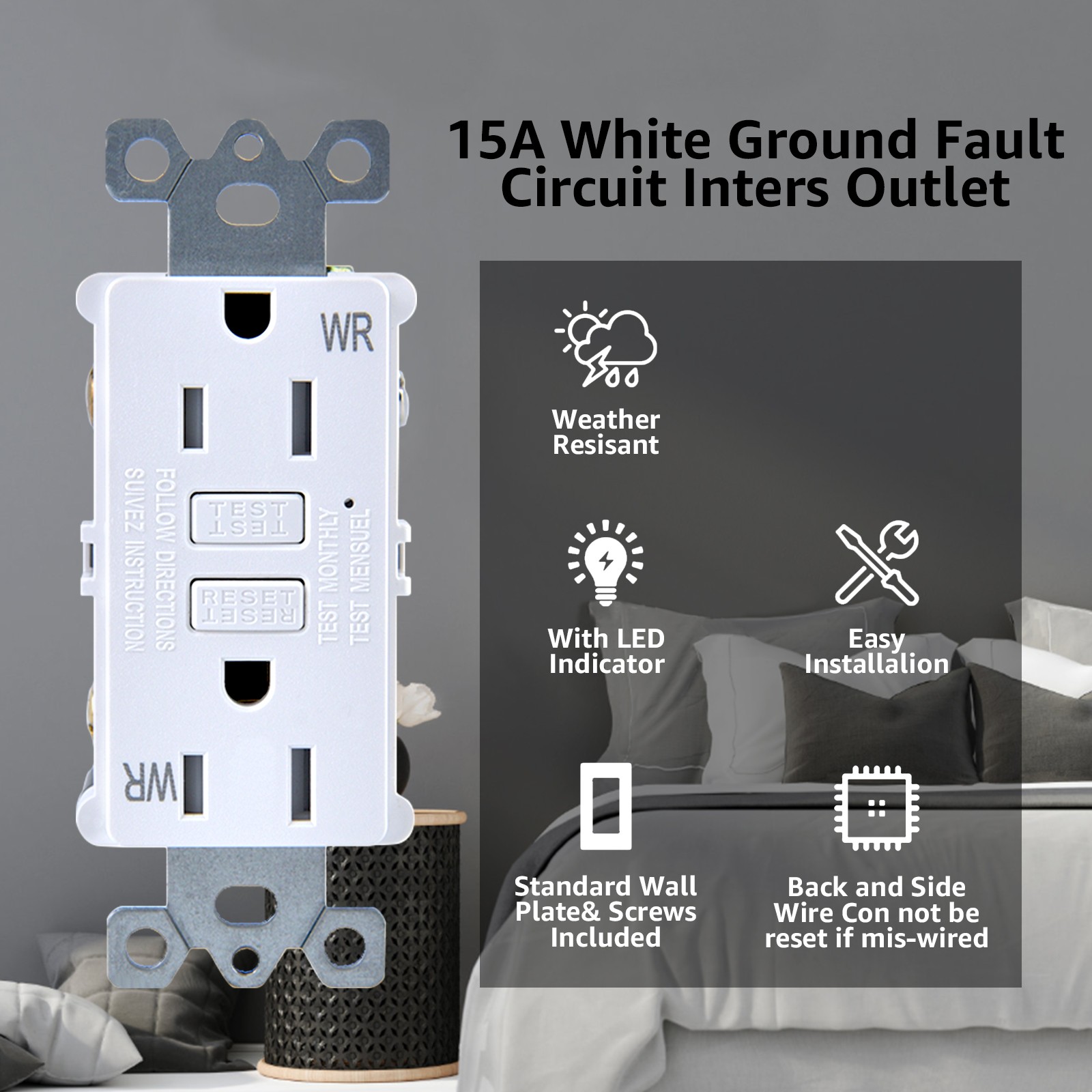 8PK Slim Design GFCI Outlet 15A Residential & Commercial Grade Wet Location Use