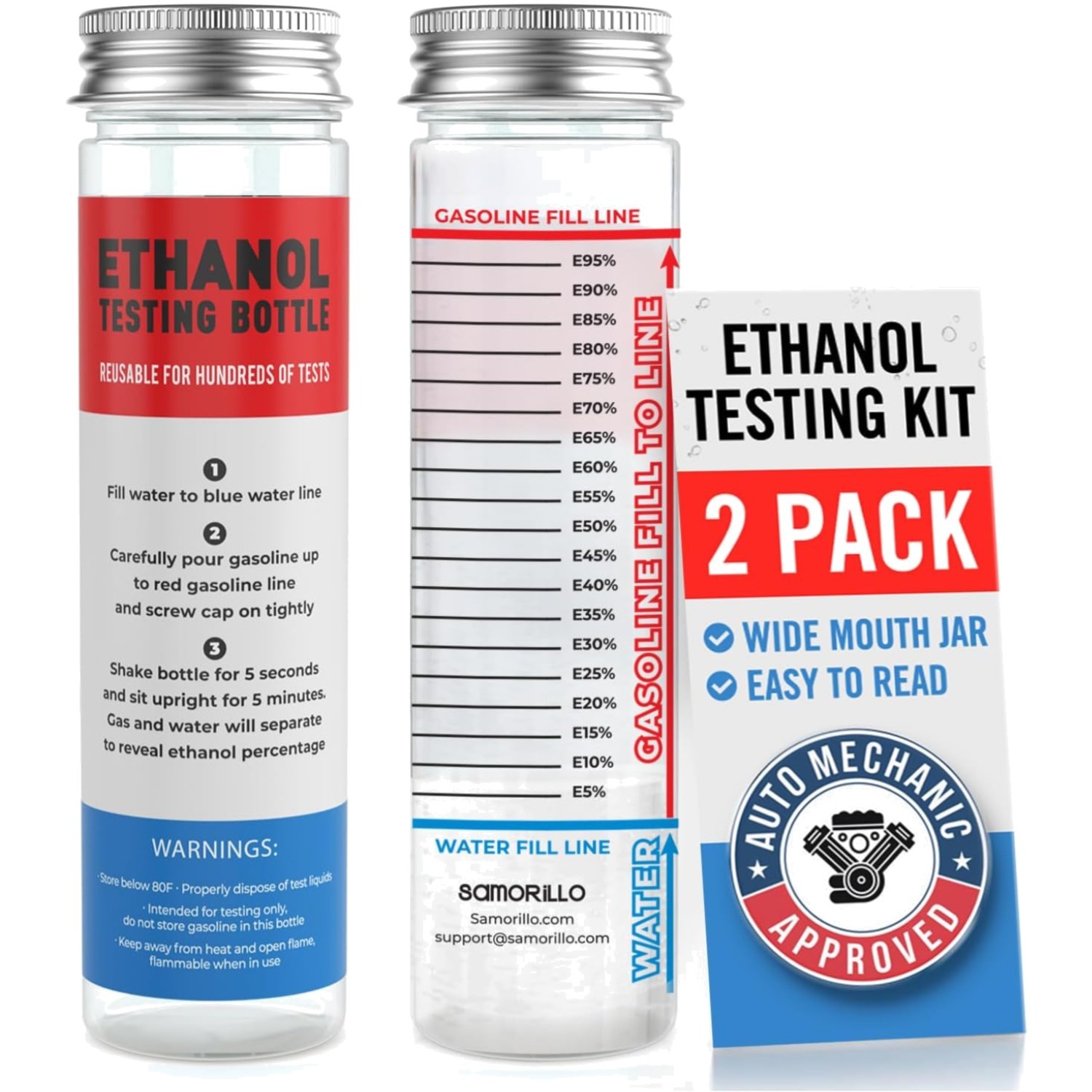 [2-Pack] Reusable Ethanol Testing Kit - Wide Mouth Fuel  Bottle for E85