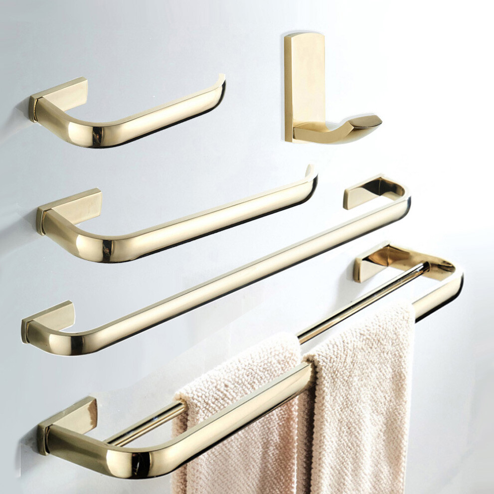 Gold Color Brass Square Bathroom Accessories Set Bath Hardware Towel Bar ezh102