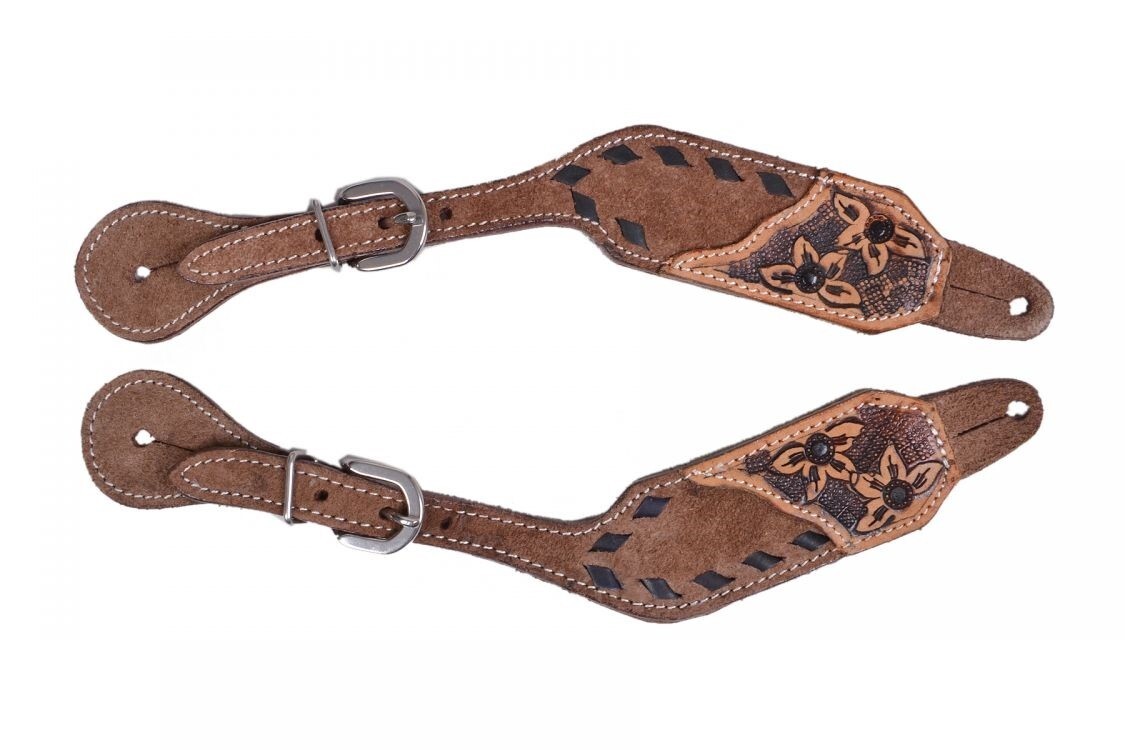 Women's Chocolate ROUGH OUT LEATHER SPUR STRAPS w/ Tooled feathers Buck stitch