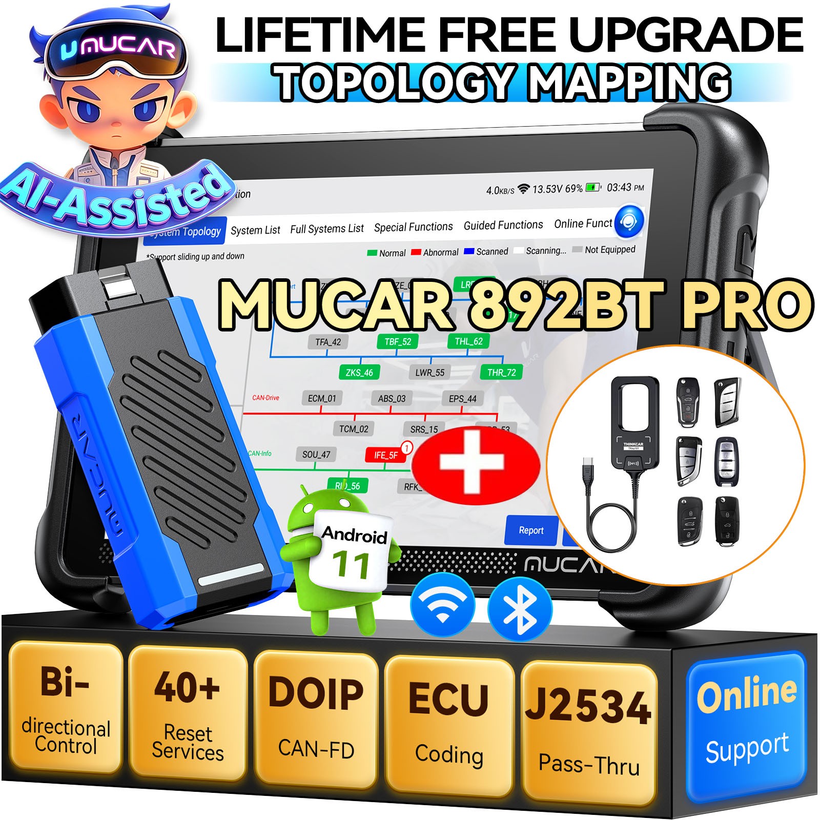 MUCAR 892BT PRO With TKEY101 Key Programmer Tool Topology Map J2534 OBD2 Scanner