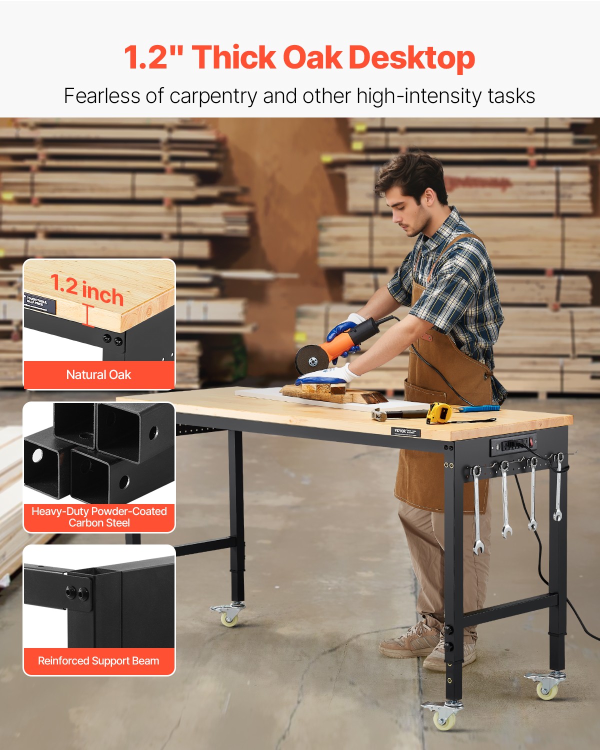 VEVOR 60"Workbench on Wheels Adjustable Height Table with Power Outlet &Pegboard