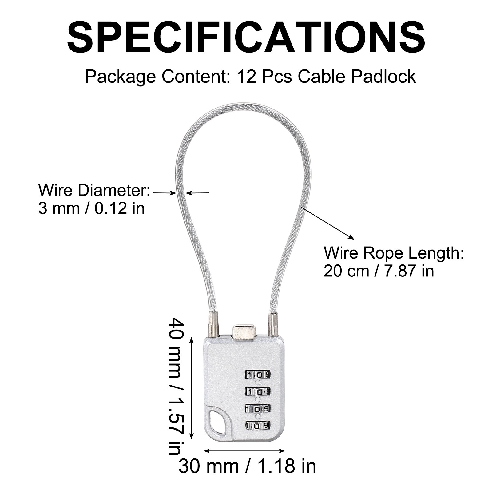 12Pcs Combination Cable Padlock with 7.9" (20cm) Flexible Cable, Silver