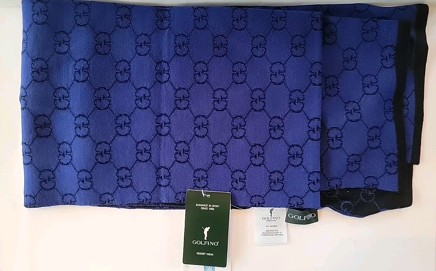 GOLFINO EMBROIDERED LOGO WOOL BLEND LONG MEN'S FRINGE SCARF NWT 70"X 17.5"