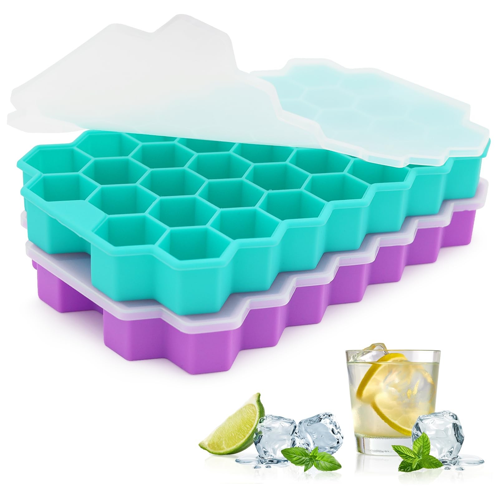 Ice Cube Trays for Freezer, 2 Pack Ice Cube Tray with Lid, Silicone Ice Cube ...