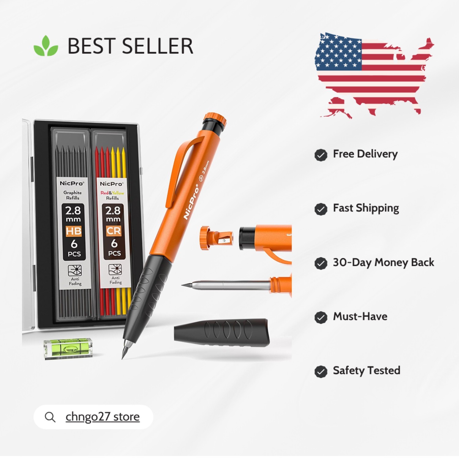 Heavy Duty Mechanical Carpenter Pencils with Removable Grip & Sharpener Included