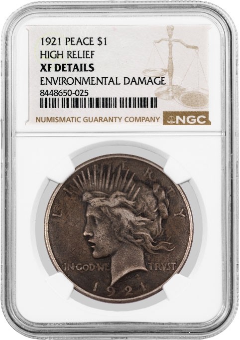1921 High Relief $1 Silver Peace Dollar NGC XF Details Cleaned Key Date Coin