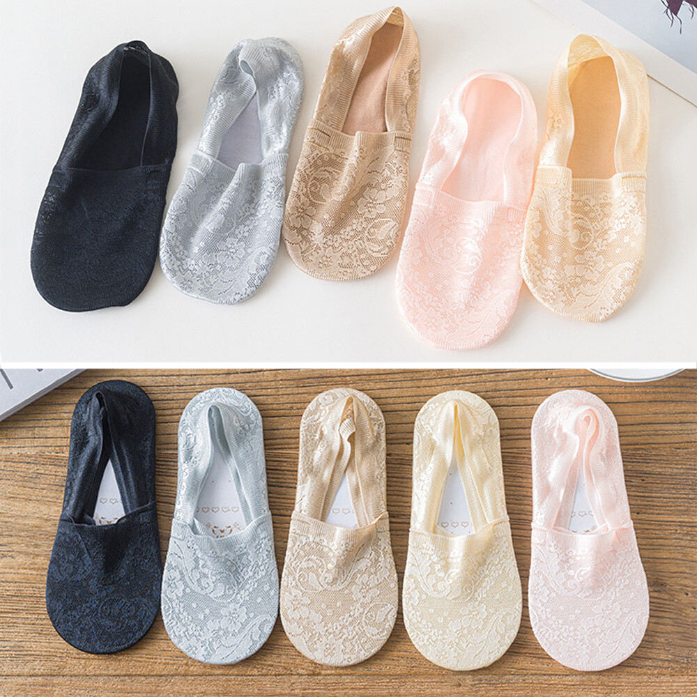 3Pairs Women Lace Invisible Socks No-show Non-Slip Skid Liner Low Cut Boat Socks