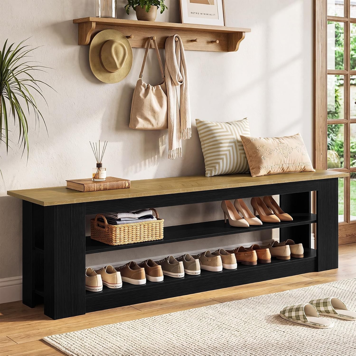 71" Extra Long Entryway Bench with Shoe Storage, 3-Tier Farmhouse Shoe Bench