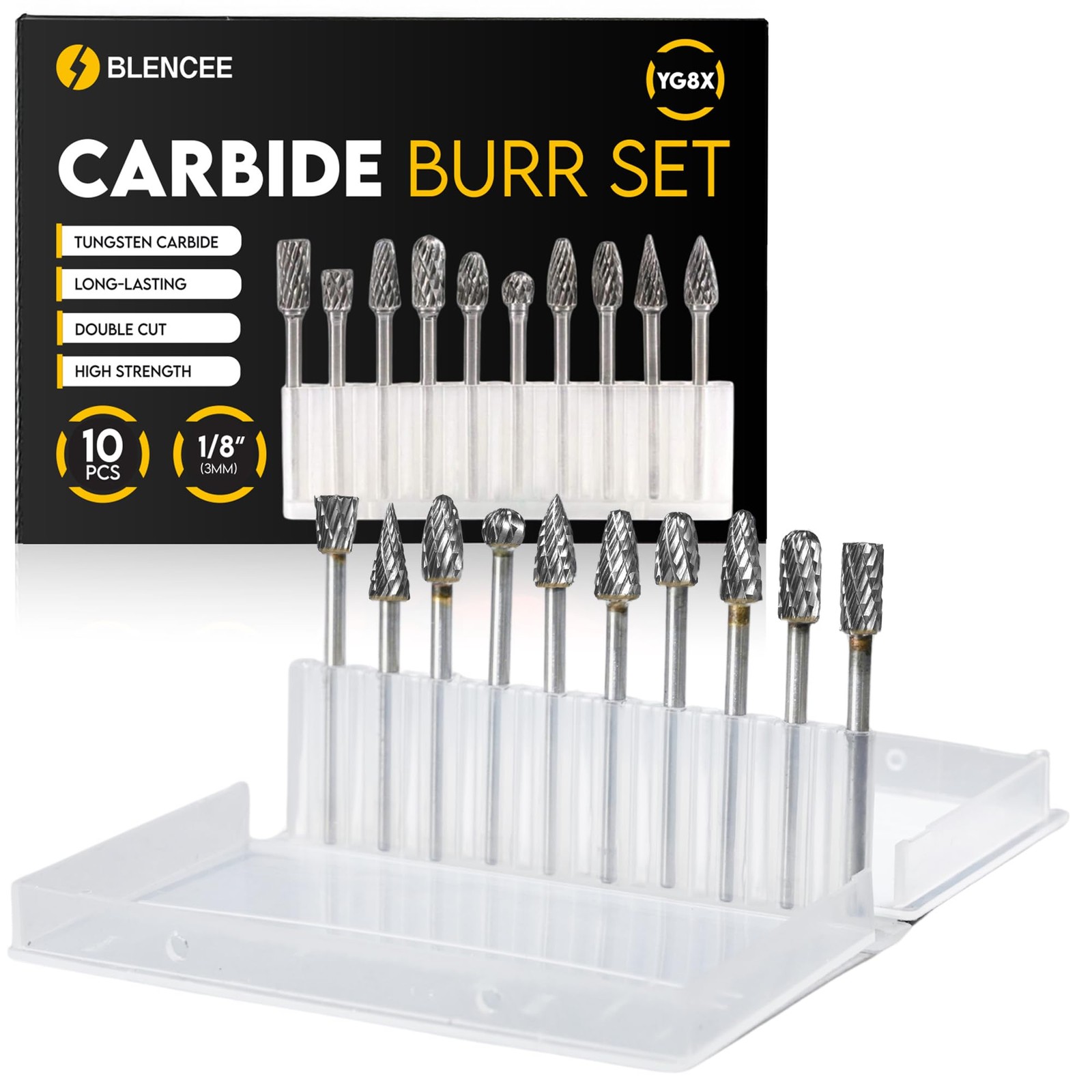 10Pcs Carbide Burr Set  1/8" Shank Tungsten Die Grinder Bits, Double Cut  Com...